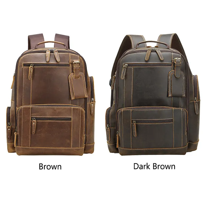Hot Vintage Brown Crazy Horse Genuine Leather Mens Travel Laptop Backpack Bag