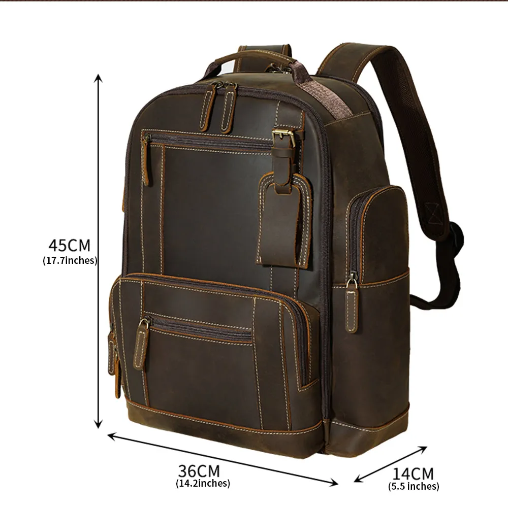 Hot Vintage Brown Crazy Horse Genuine Leather Mens Travel Laptop Backpack Bag