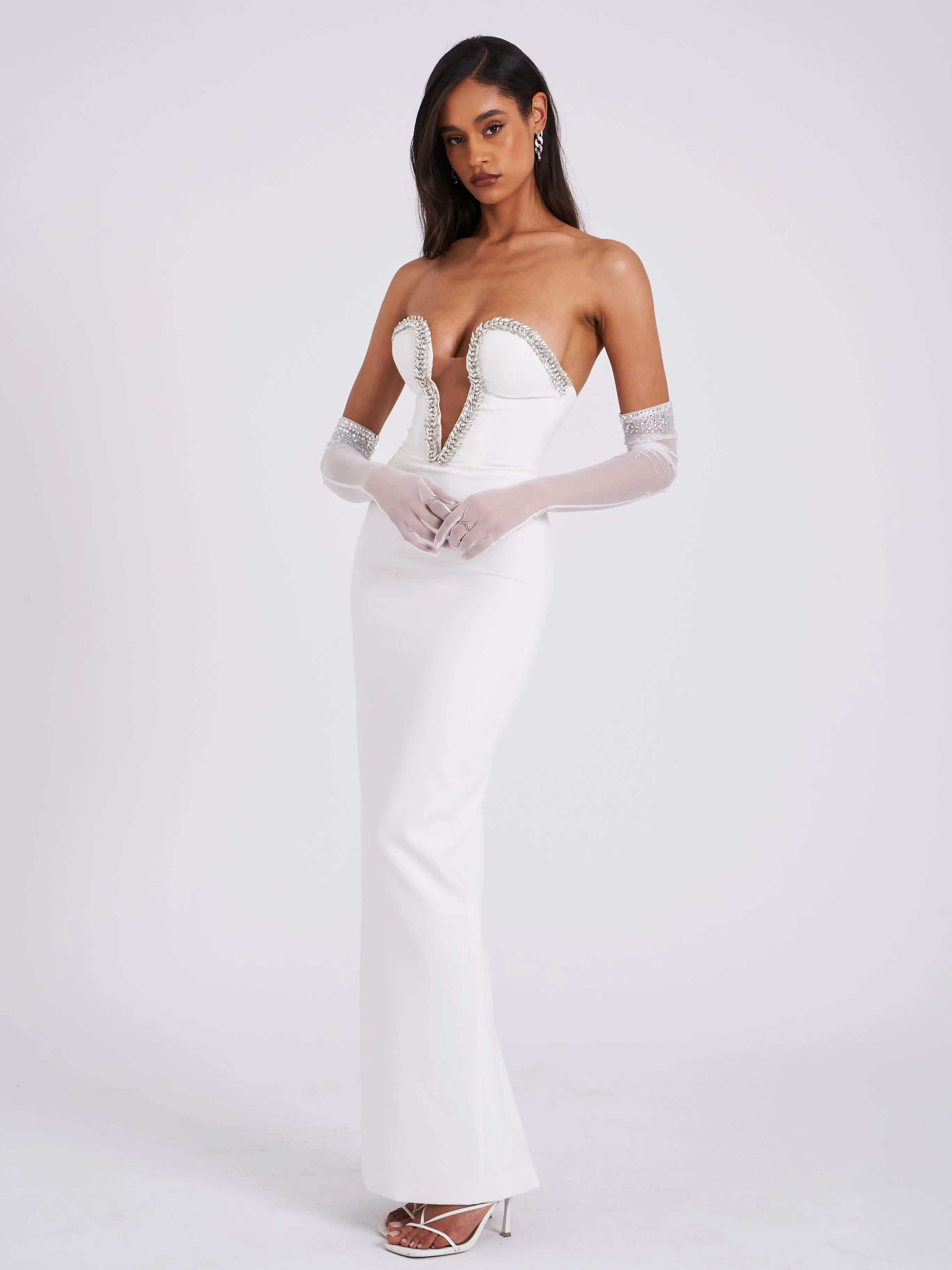 Ivanna White Crystal Charming Embellished Maxi Dress