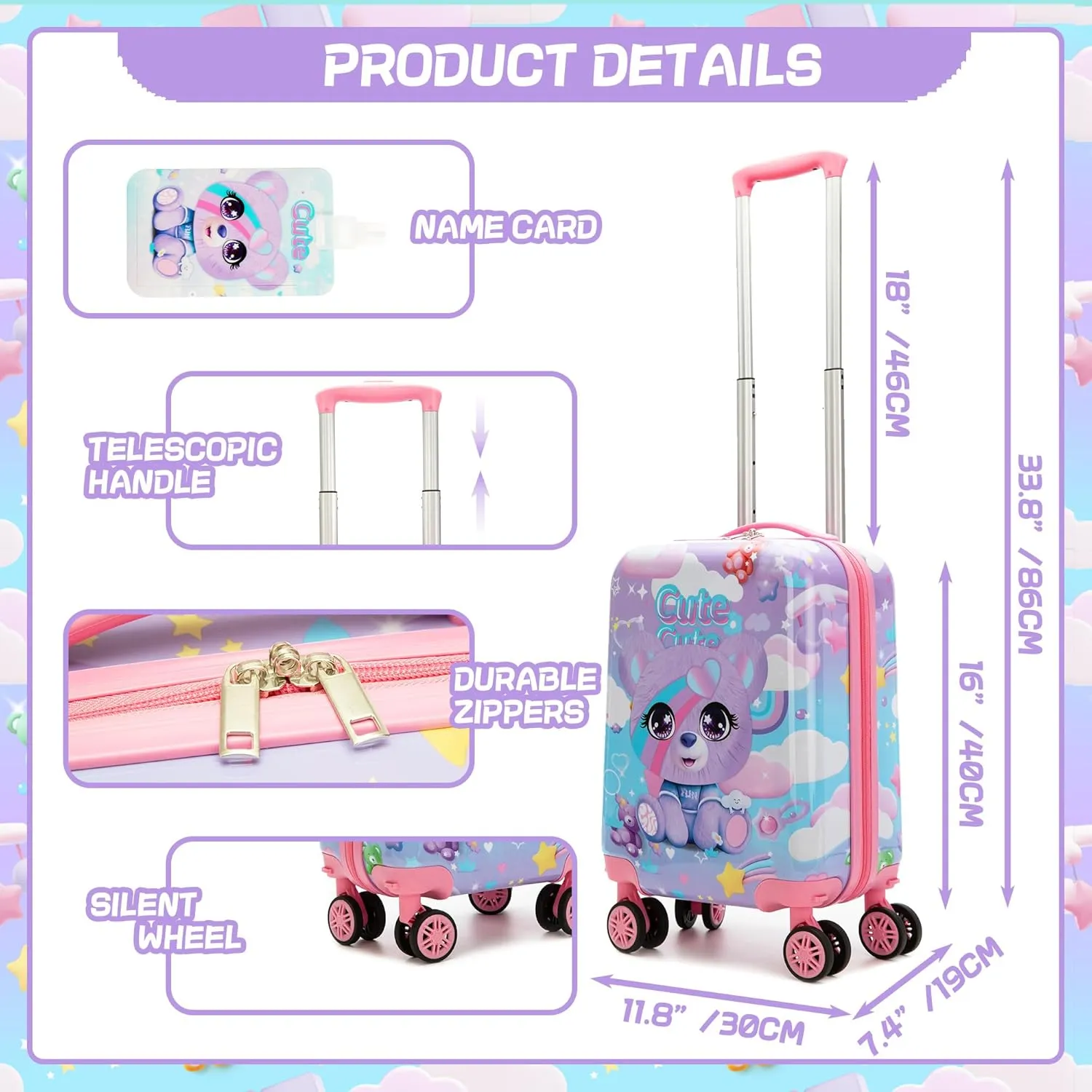 Kid's Luggage Set 3 Piece Suitcase Set 16" Hardside Luggage with Spinner Wheels Girls Boys Carry on Toddler Suitcase with Travel Duffle Bag Airline Approved