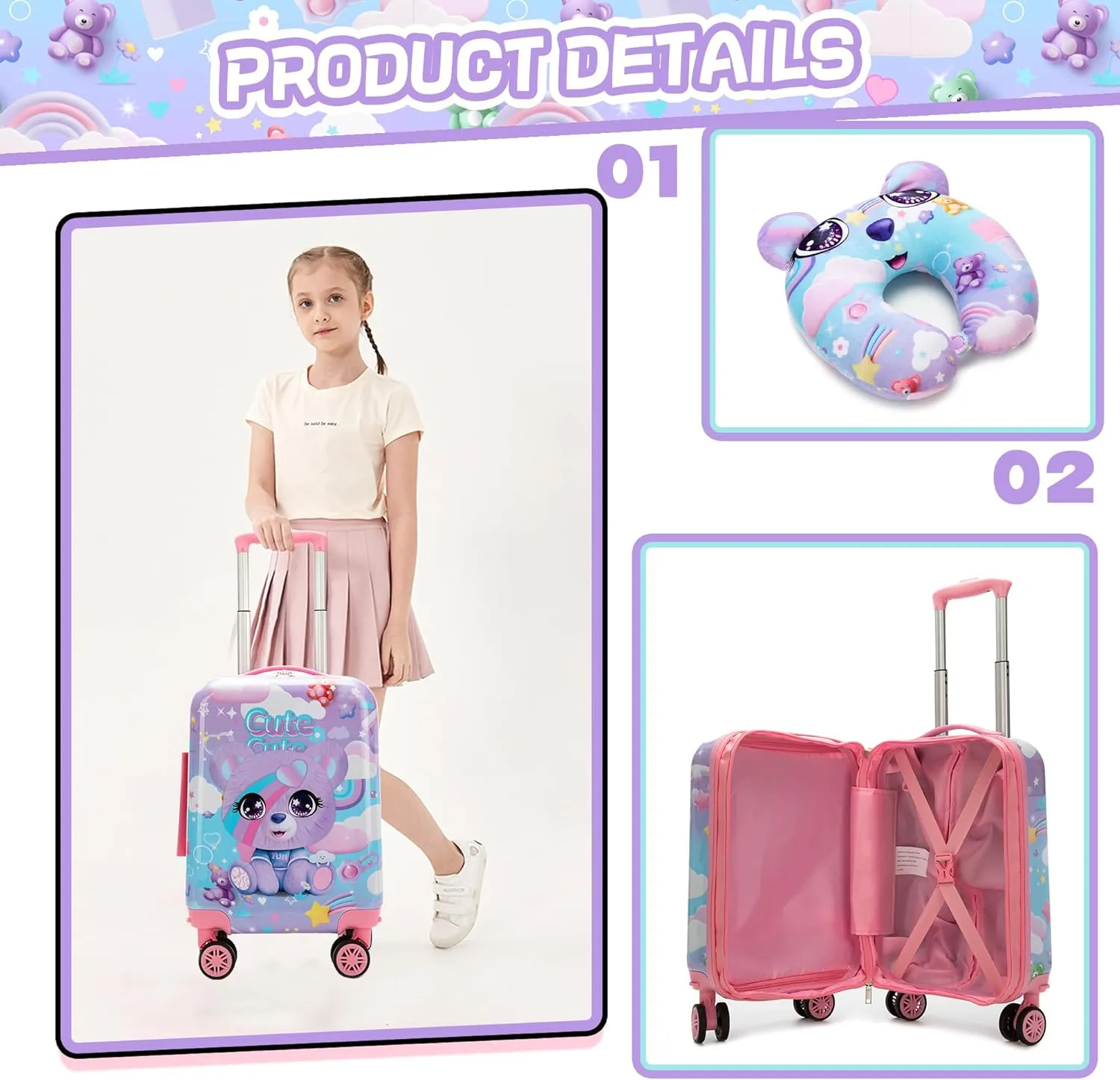 Kid's Luggage Set 3 Piece Suitcase Set 16" Hardside Luggage with Spinner Wheels Girls Boys Carry on Toddler Suitcase with Travel Duffle Bag Airline Approved