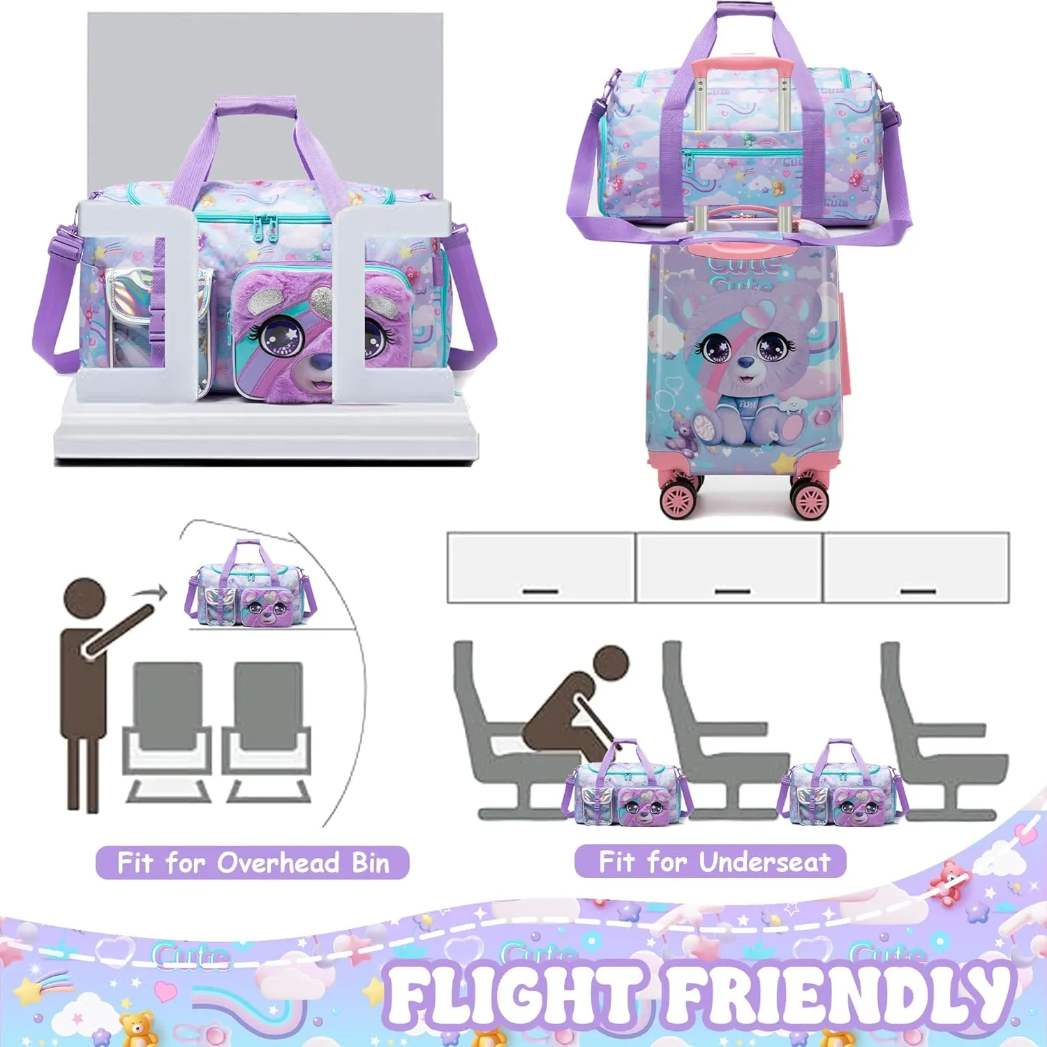 Kid's Luggage Set 3 Piece Suitcase Set 16" Hardside Luggage with Spinner Wheels Girls Boys Carry on Toddler Suitcase with Travel Duffle Bag Airline Approved