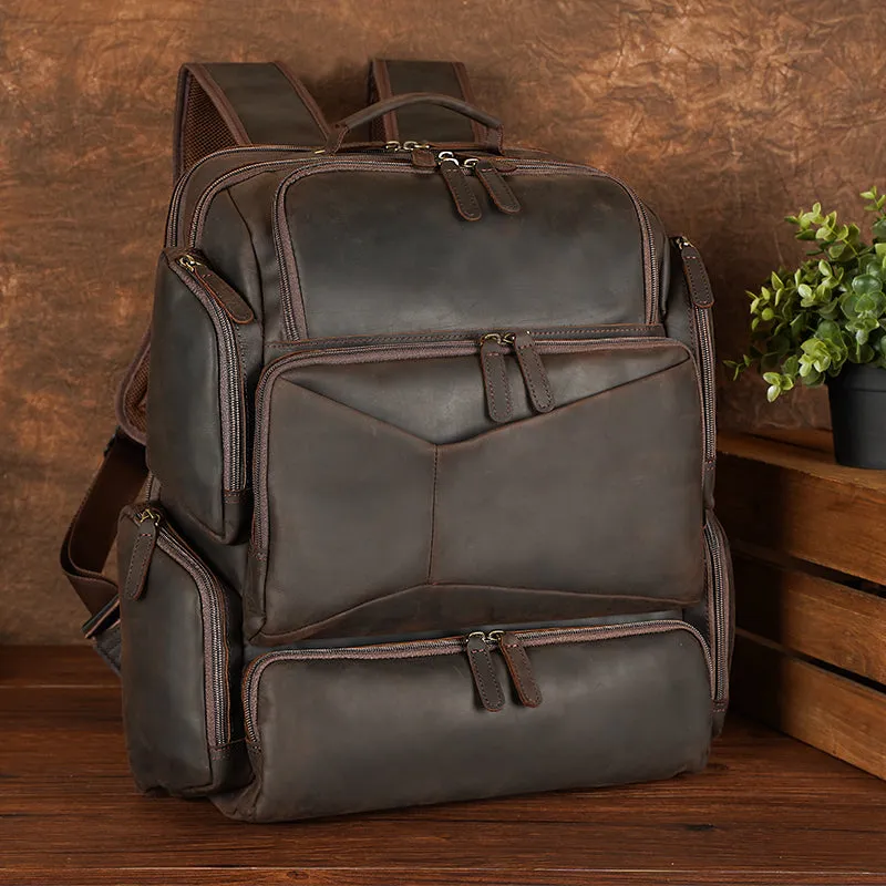 Large Capacity Crazy Horse Genuine Leather Mens Laptop Backpack For Travel