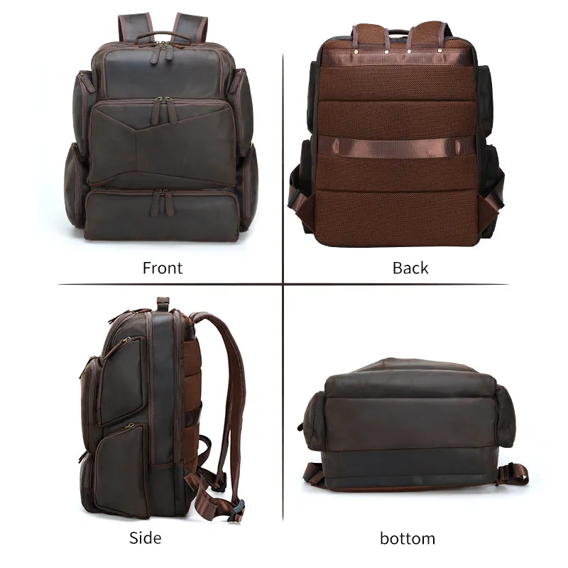 Large Capacity Crazy Horse Genuine Leather Mens Laptop Backpack For Travel