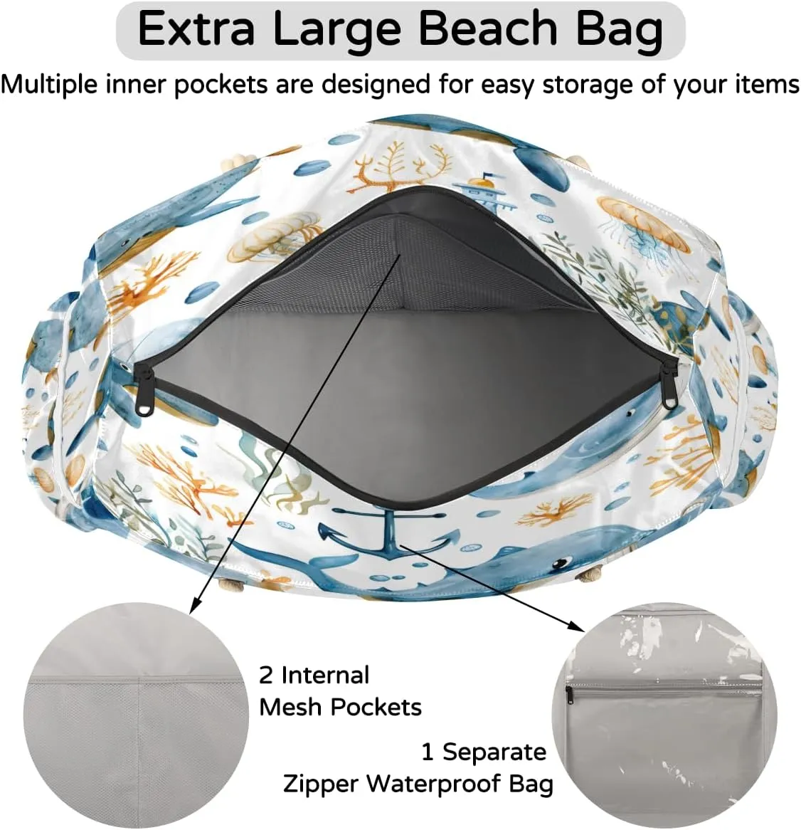 Large Tote Beach Bags for Women with Zipper Waterproof Sandproof Swim Pool Grocery Gym Travel Bag