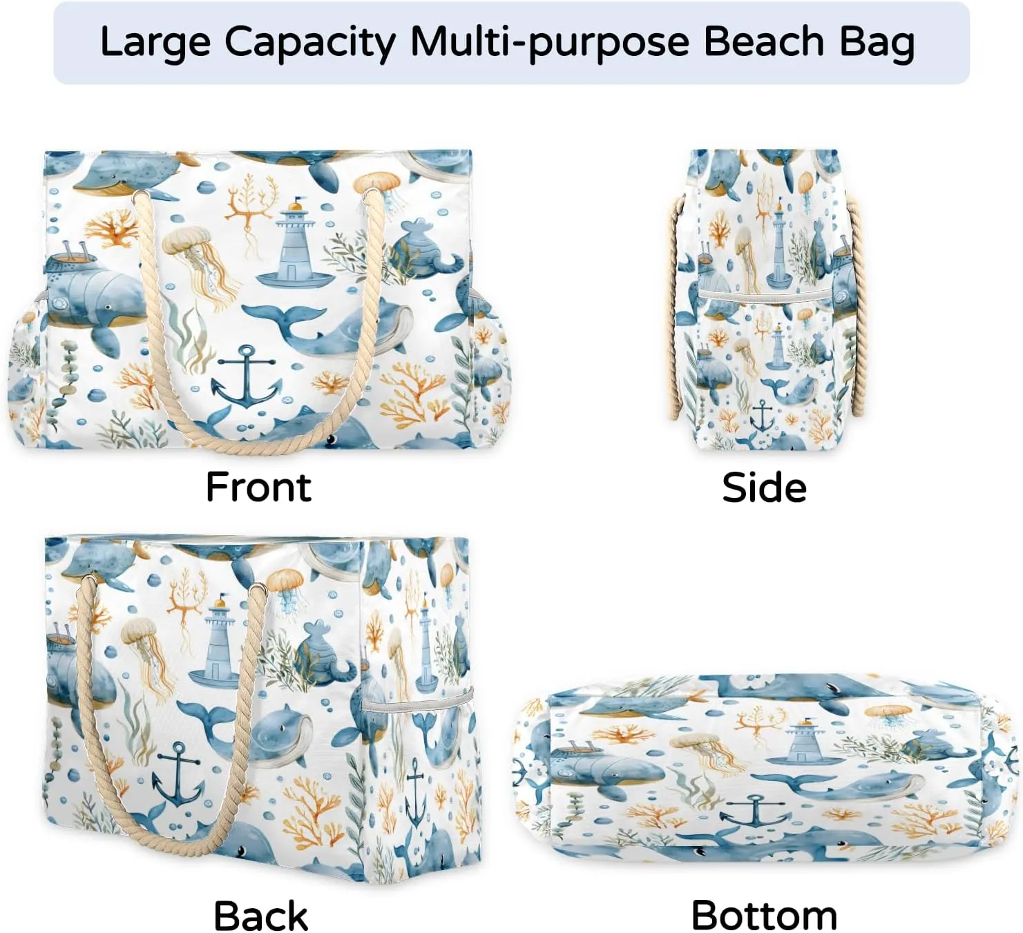 Large Tote Beach Bags for Women with Zipper Waterproof Sandproof Swim Pool Grocery Gym Travel Bag