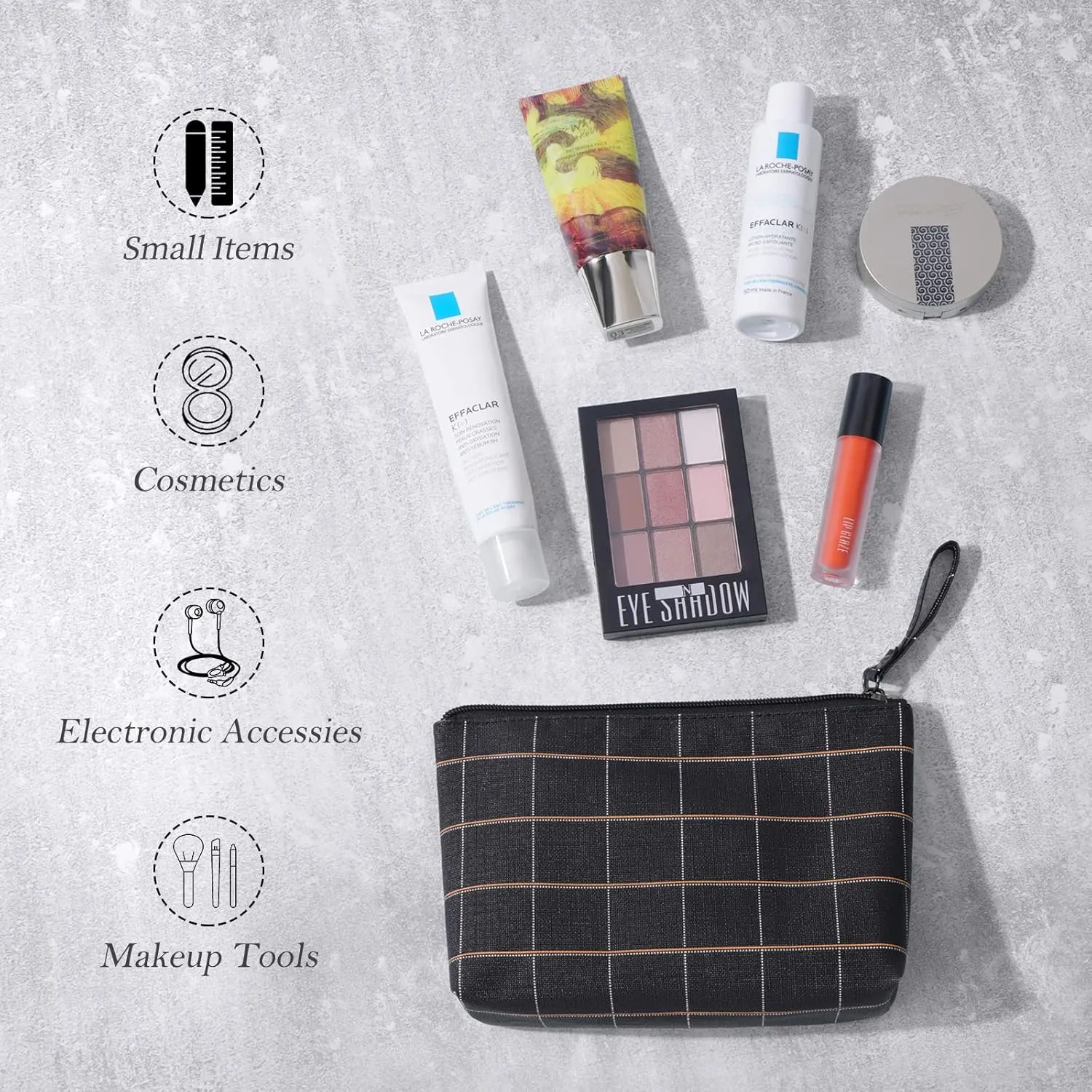 MAANGE Small Makeup Bag for Purse Cosmetic Bags for Women Pu Leather Makeup Pouch Travel Makeup Bag with Handle Make Up Bag for Travelling(Black)