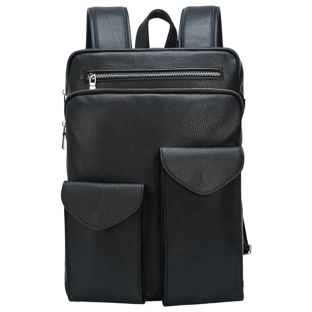 Mens Black Real Cowhide Leather Travel 14 inches Laptop Backpack For Traveling