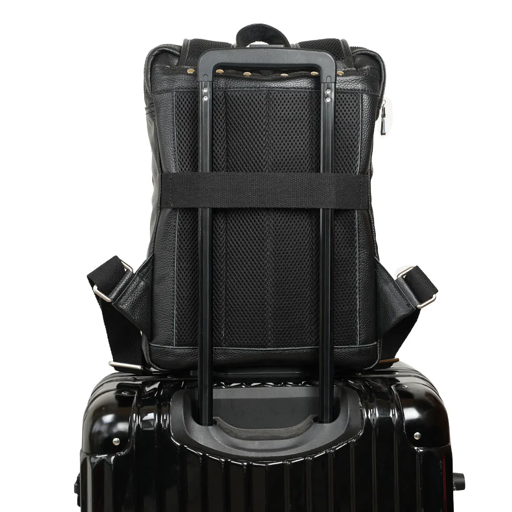 Mens Black Real Cowhide Leather Travel 14 inches Laptop Backpack For Traveling