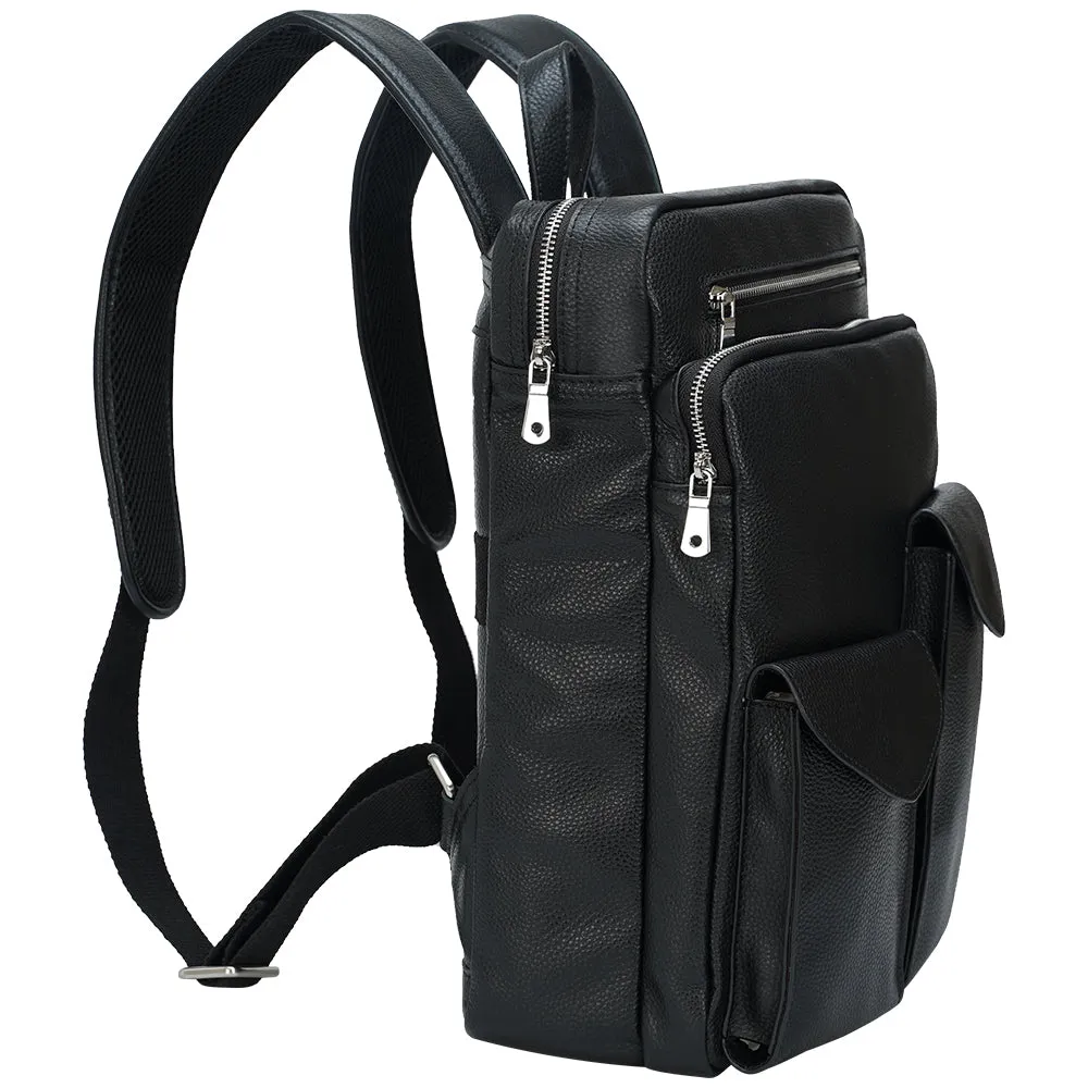 Mens Black Real Cowhide Leather Travel 14 inches Laptop Backpack For Traveling