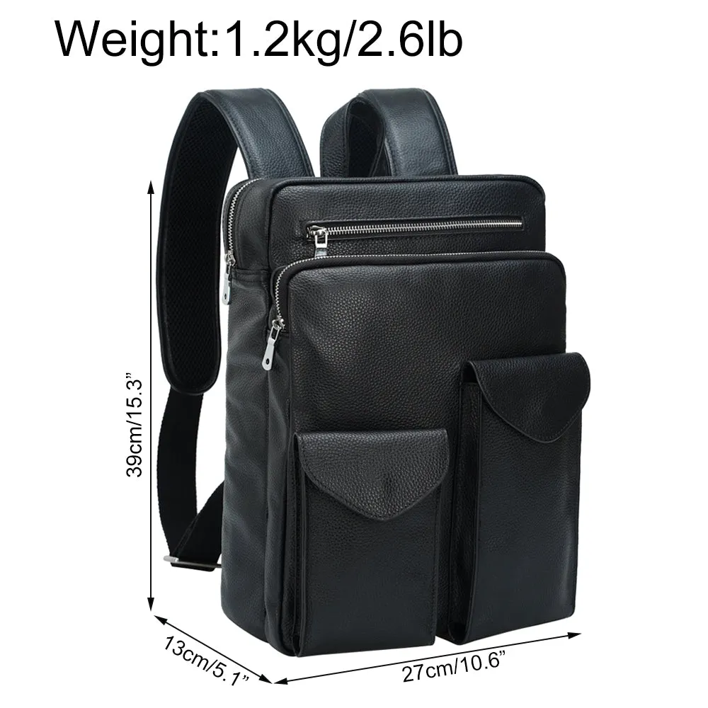 Mens Black Real Cowhide Leather Travel 14 inches Laptop Backpack For Traveling