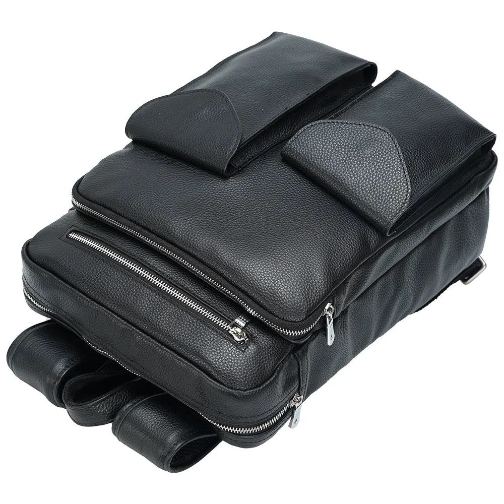Mens Black Real Cowhide Leather Travel 14 inches Laptop Backpack For Traveling