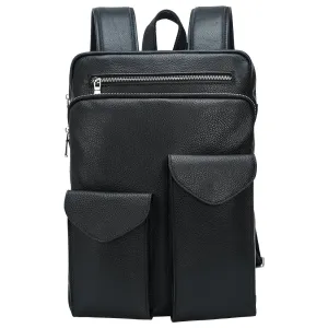 Mens Black Real Cowhide Leather Travel 14 inches Laptop Backpack For Traveling