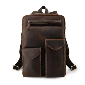 Men's Retro Genuine crazy horse Leather Travel Backpack Cowhide 14 inches Laptop Daypack