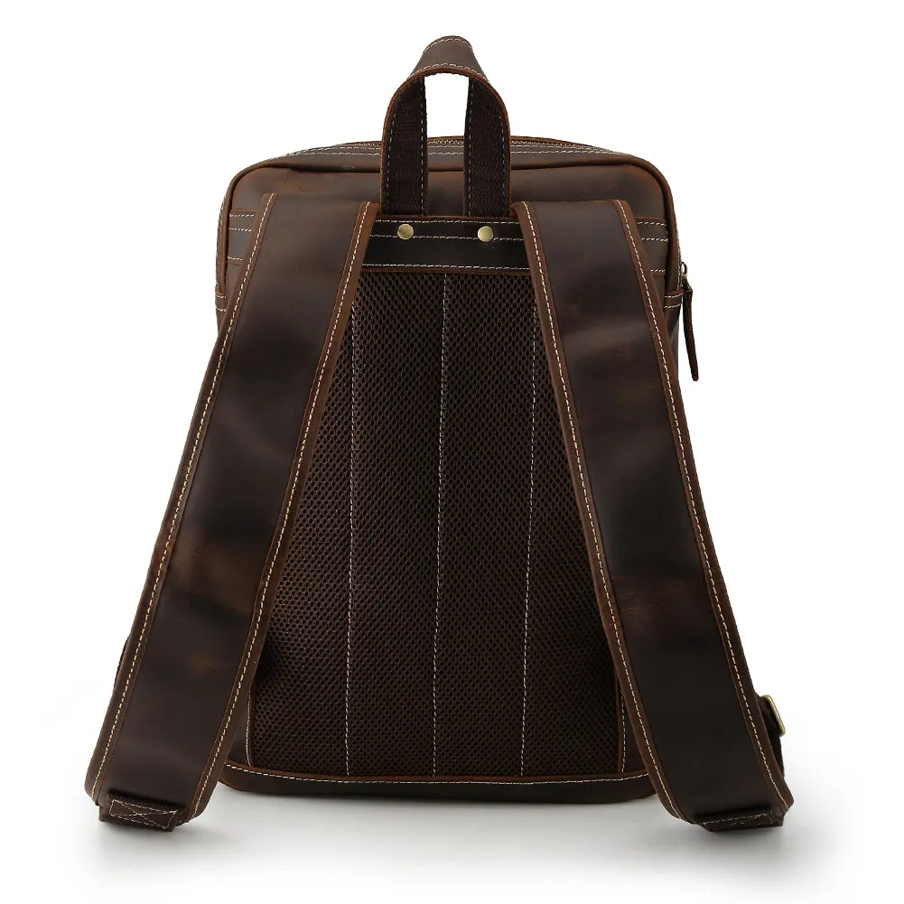 Men's Retro Genuine crazy horse Leather Travel Backpack Cowhide 14 inches Laptop Daypack