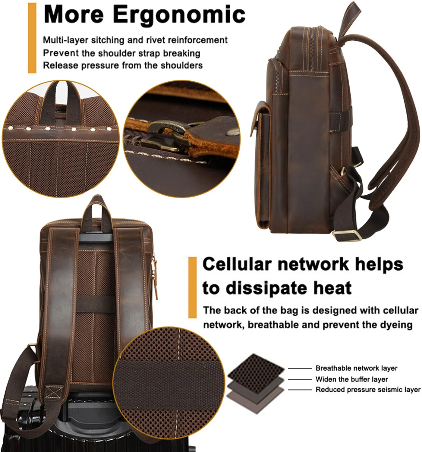 Men's Retro Genuine crazy horse Leather Travel Backpack Cowhide 14 inches Laptop Daypack