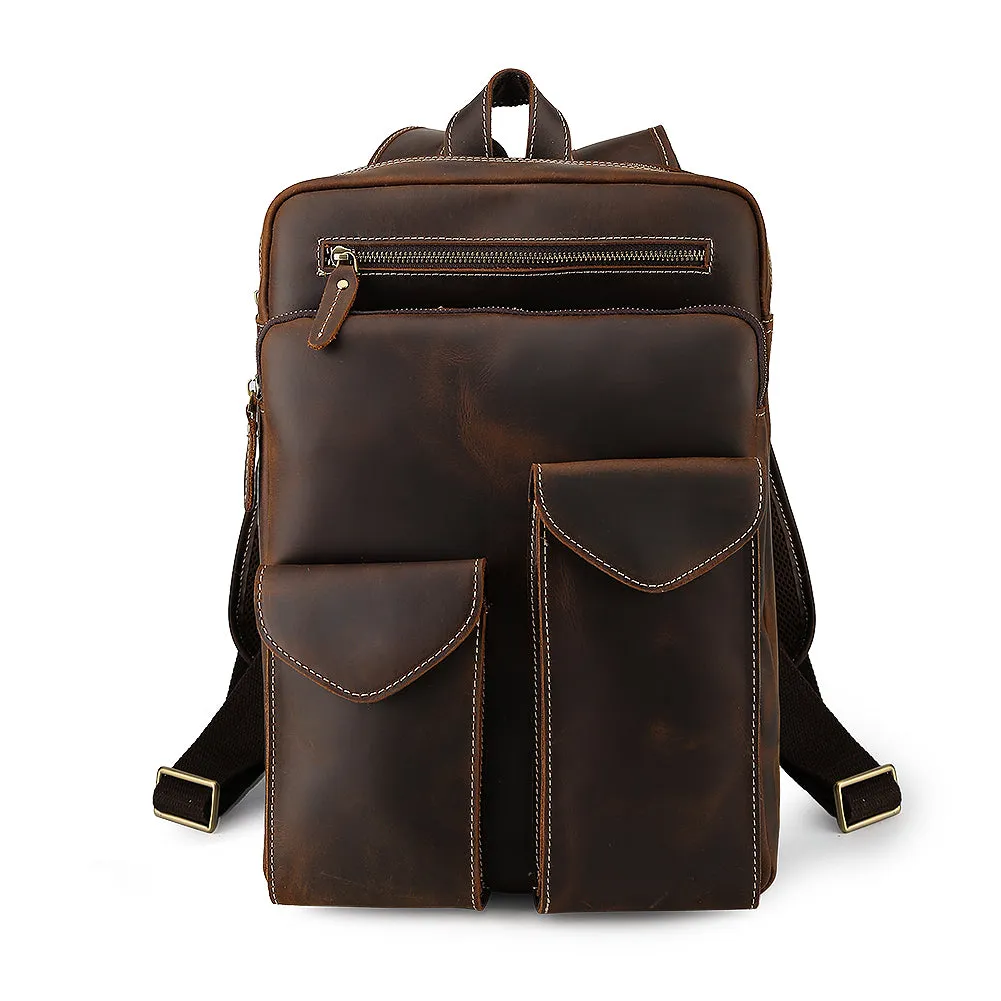 Men's Retro Genuine crazy horse Leather Travel Backpack Cowhide 14 inches Laptop Daypack