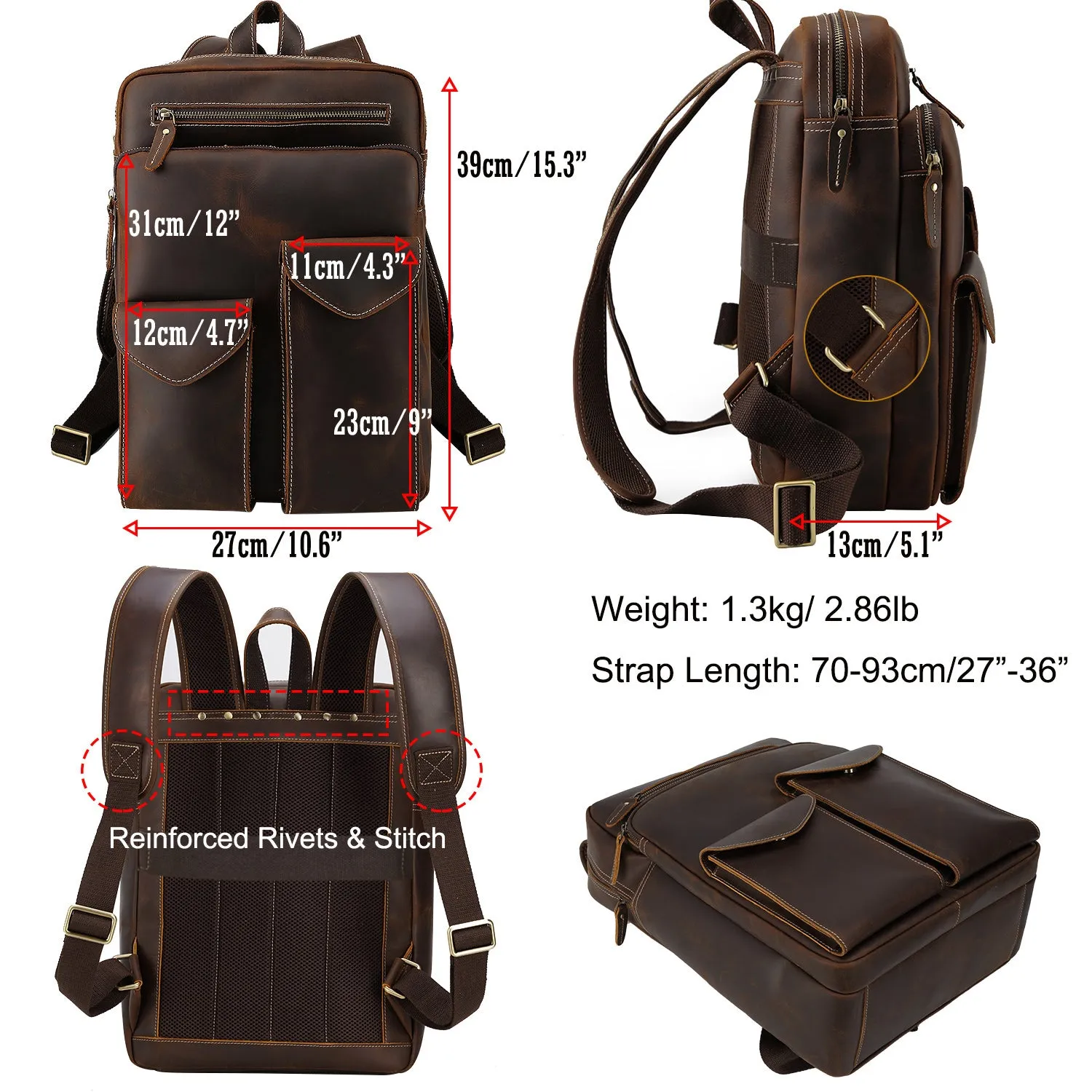 Men's Retro Genuine crazy horse Leather Travel Backpack Cowhide 14 inches Laptop Daypack