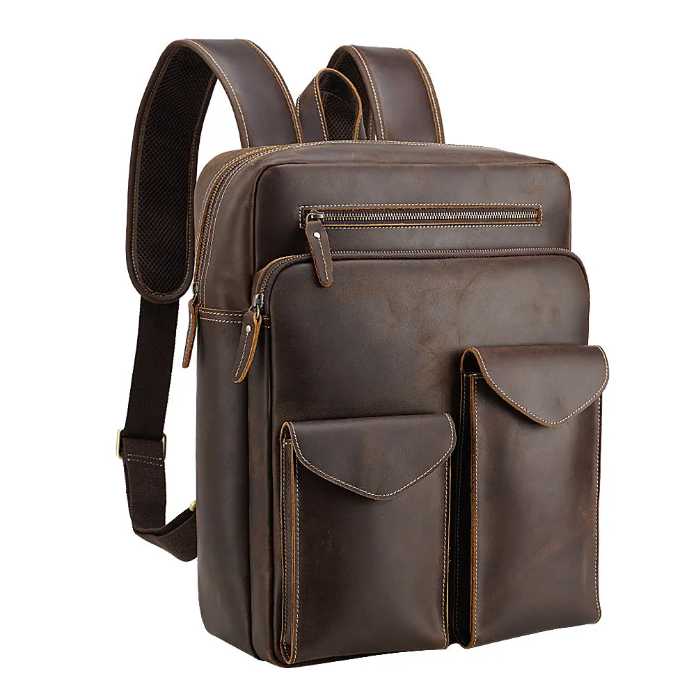 Men's Retro Genuine crazy horse Leather Travel Backpack Cowhide 14 inches Laptop Daypack