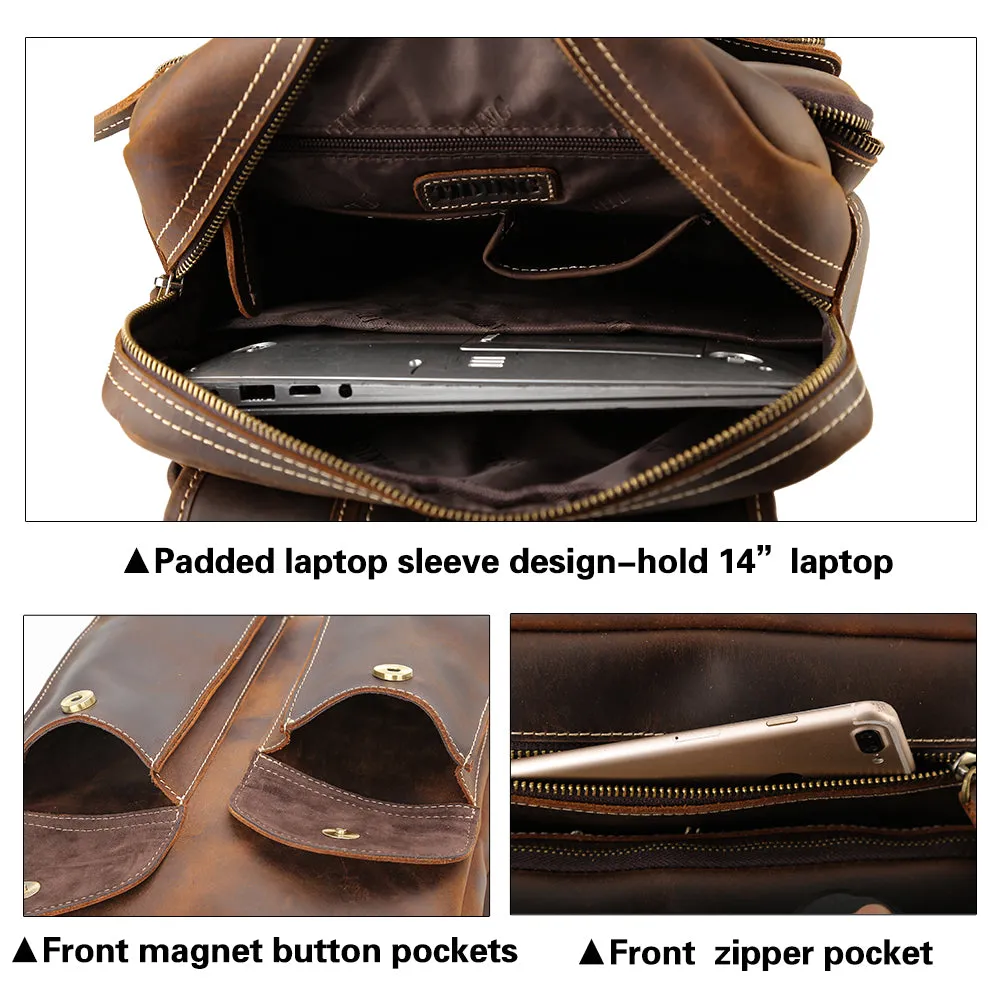 Men's Retro Genuine crazy horse Leather Travel Backpack Cowhide 14 inches Laptop Daypack
