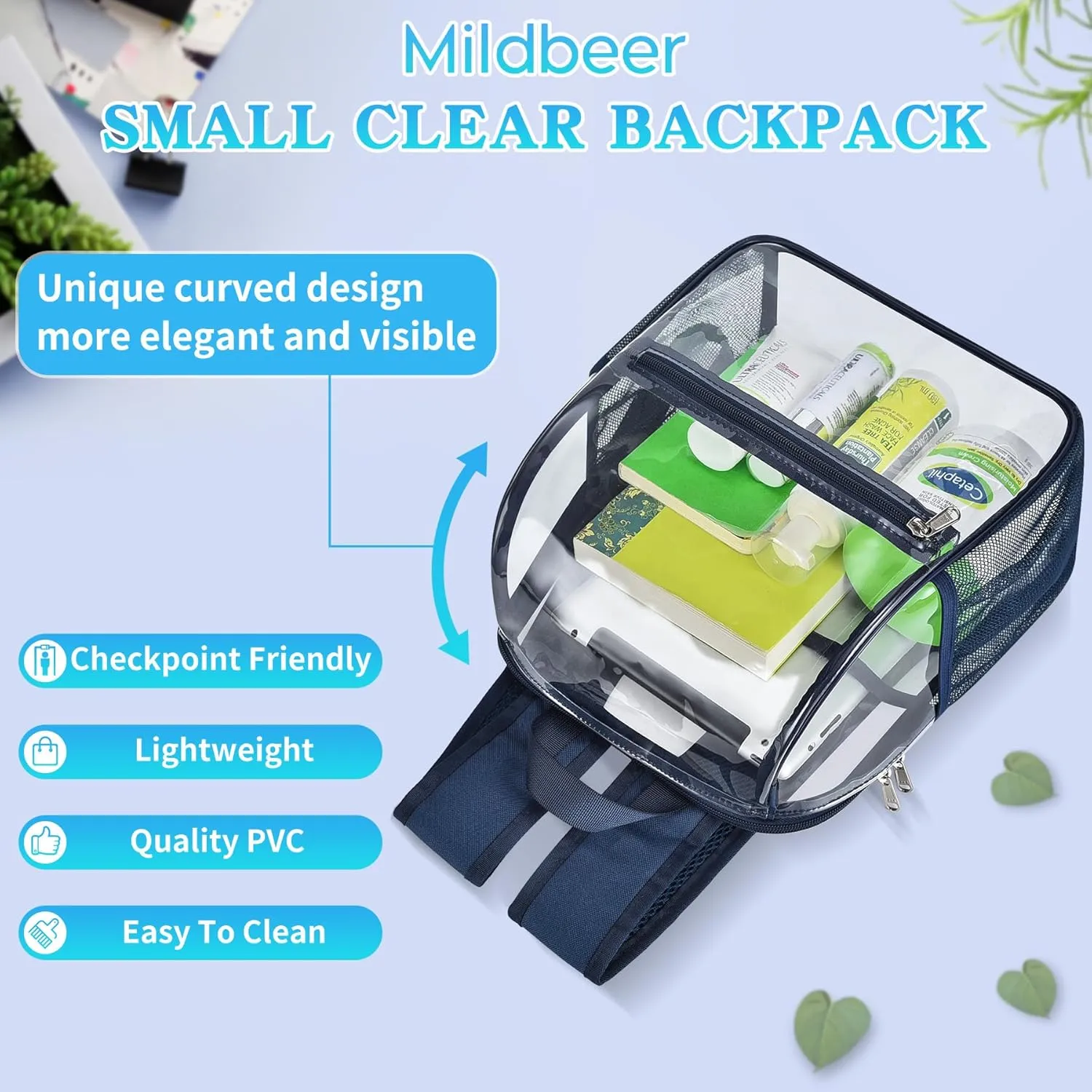 Mildbeer Small Clear Backpack, Stadium Approved 12x12x6 Clear Backpack for Women with 2 Bottle Holders for Festival Concert Sports Events