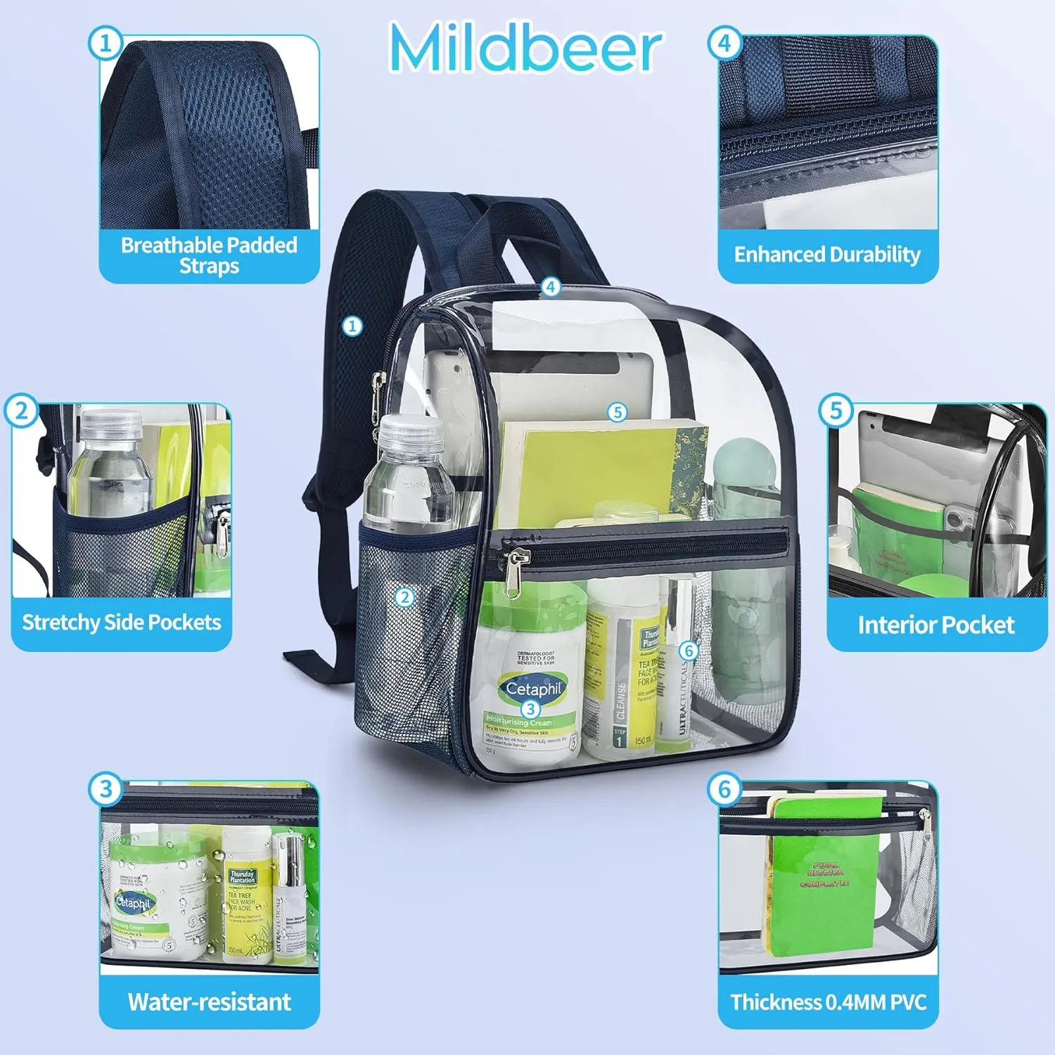 Mildbeer Small Clear Backpack, Stadium Approved 12x12x6 Clear Backpack for Women with 2 Bottle Holders for Festival Concert Sports Events
