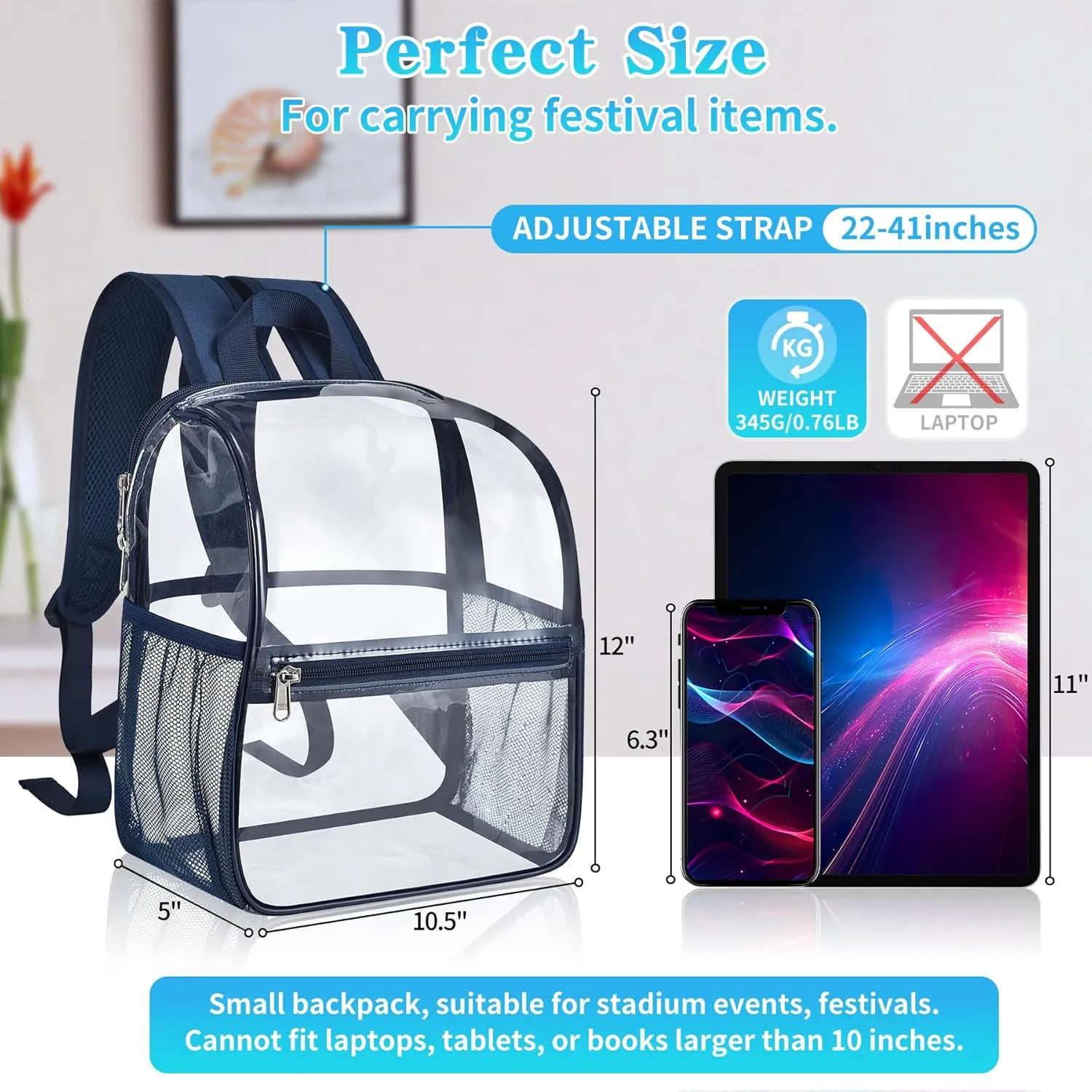 Mildbeer Small Clear Backpack, Stadium Approved 12x12x6 Clear Backpack for Women with 2 Bottle Holders for Festival Concert Sports Events