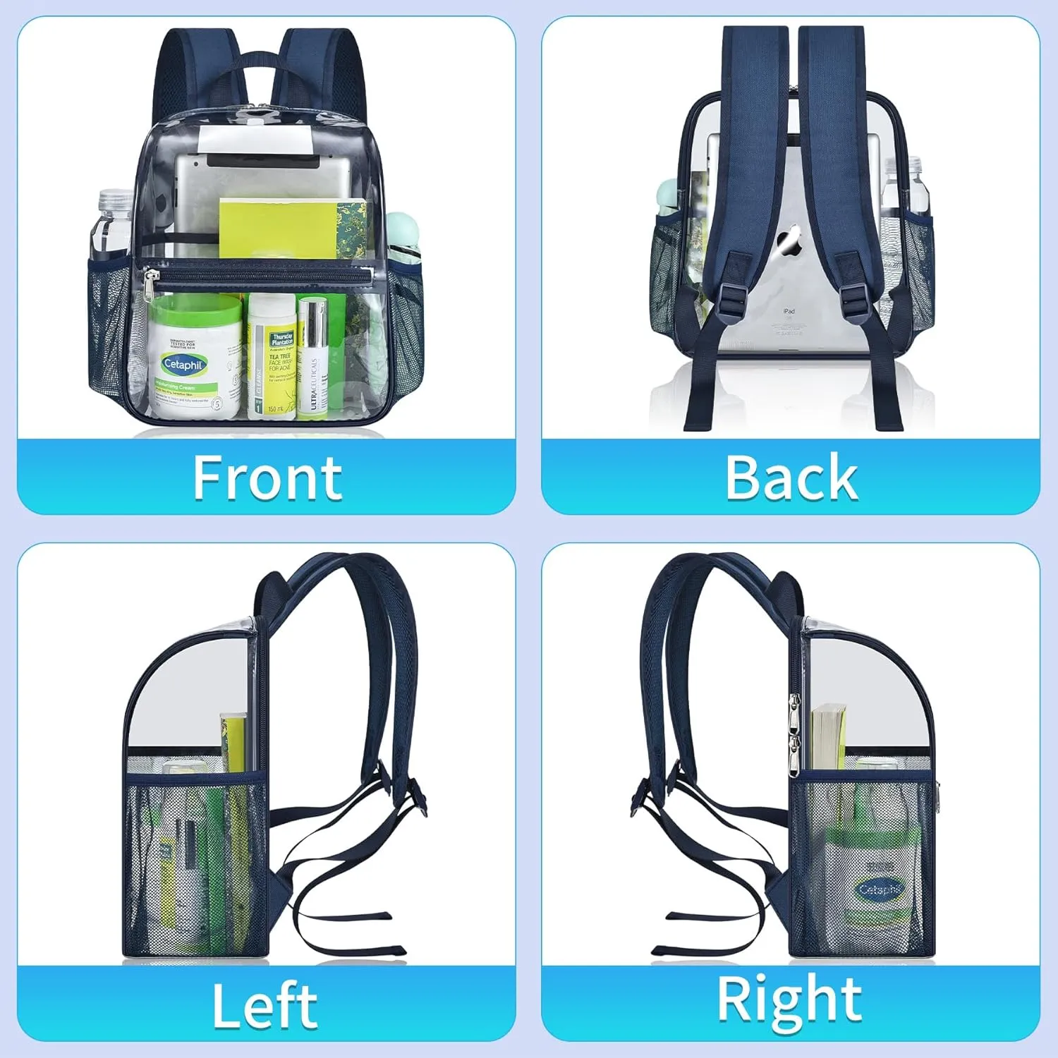Mildbeer Small Clear Backpack, Stadium Approved 12x12x6 Clear Backpack for Women with 2 Bottle Holders for Festival Concert Sports Events