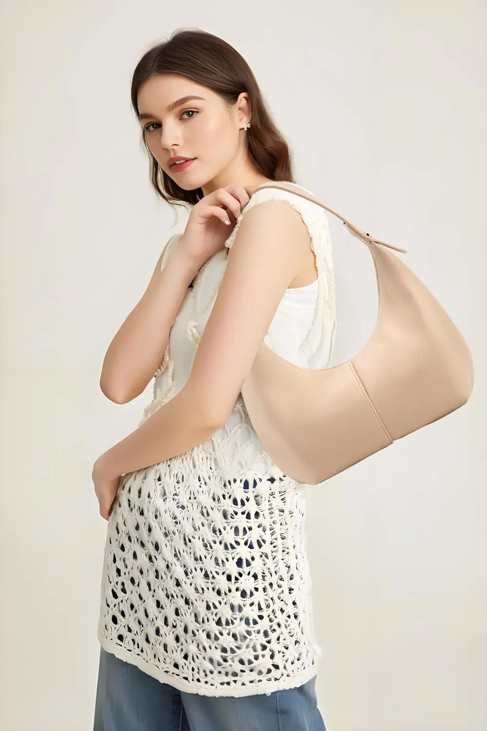 NIUEIMEE ZHOU Crescent Shoulder Bags for Women Vegan Leather Hobo Handbag Slouchy Tote Purses
