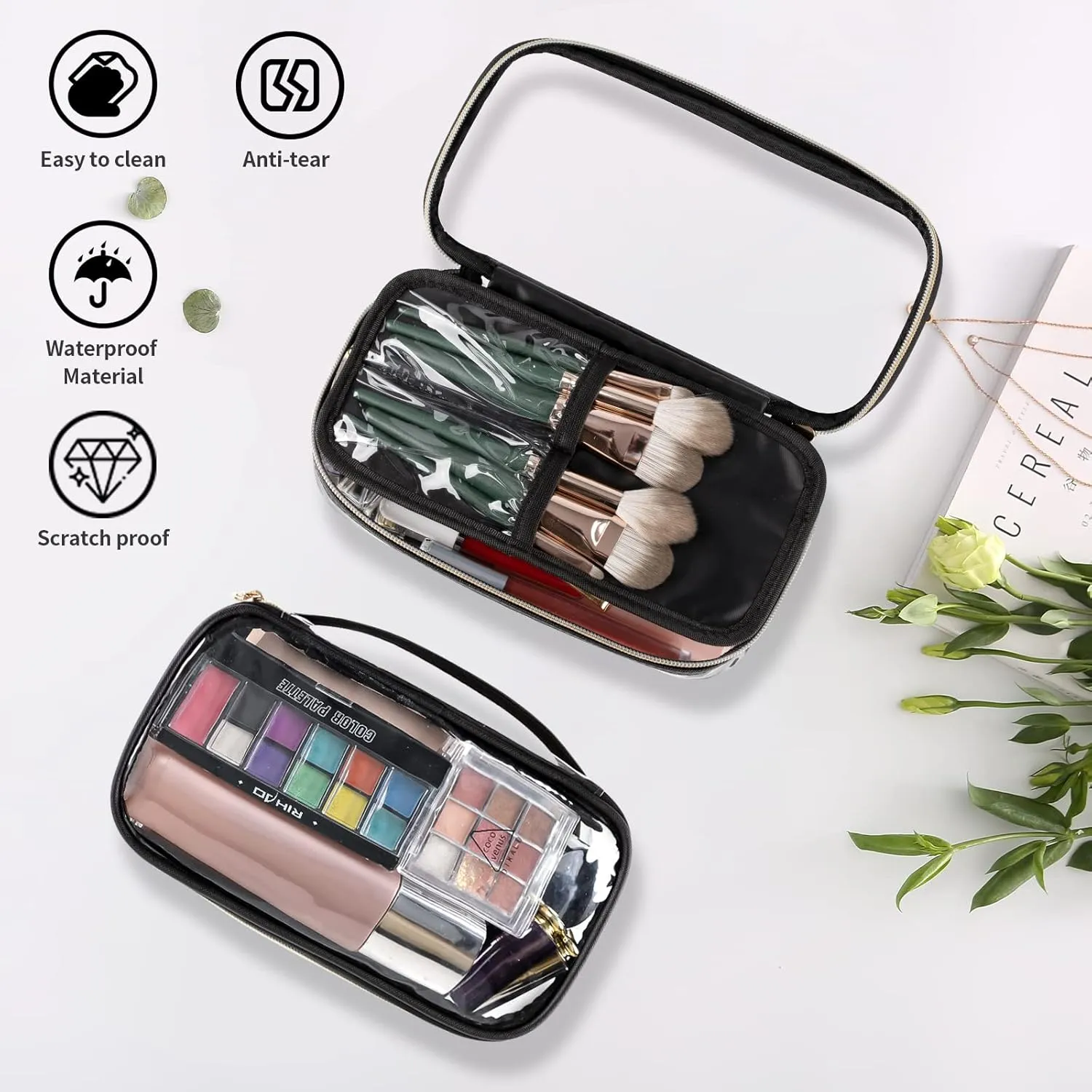 OCHEAL Clear Makeup Bag, Portable Storage Organizer Cosmetic Travel Bag Cute Pouch For Women and Girls Cosmetics Bags with Divider Brush Compartment-Transparent