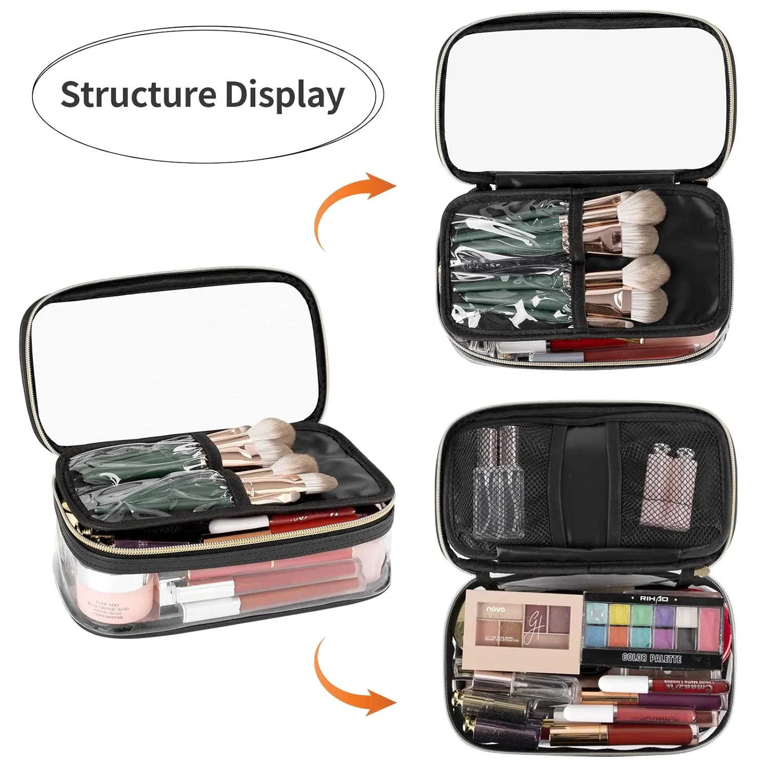 OCHEAL Clear Makeup Bag, Portable Storage Organizer Cosmetic Travel Bag Cute Pouch For Women and Girls Cosmetics Bags with Divider Brush Compartment-Transparent