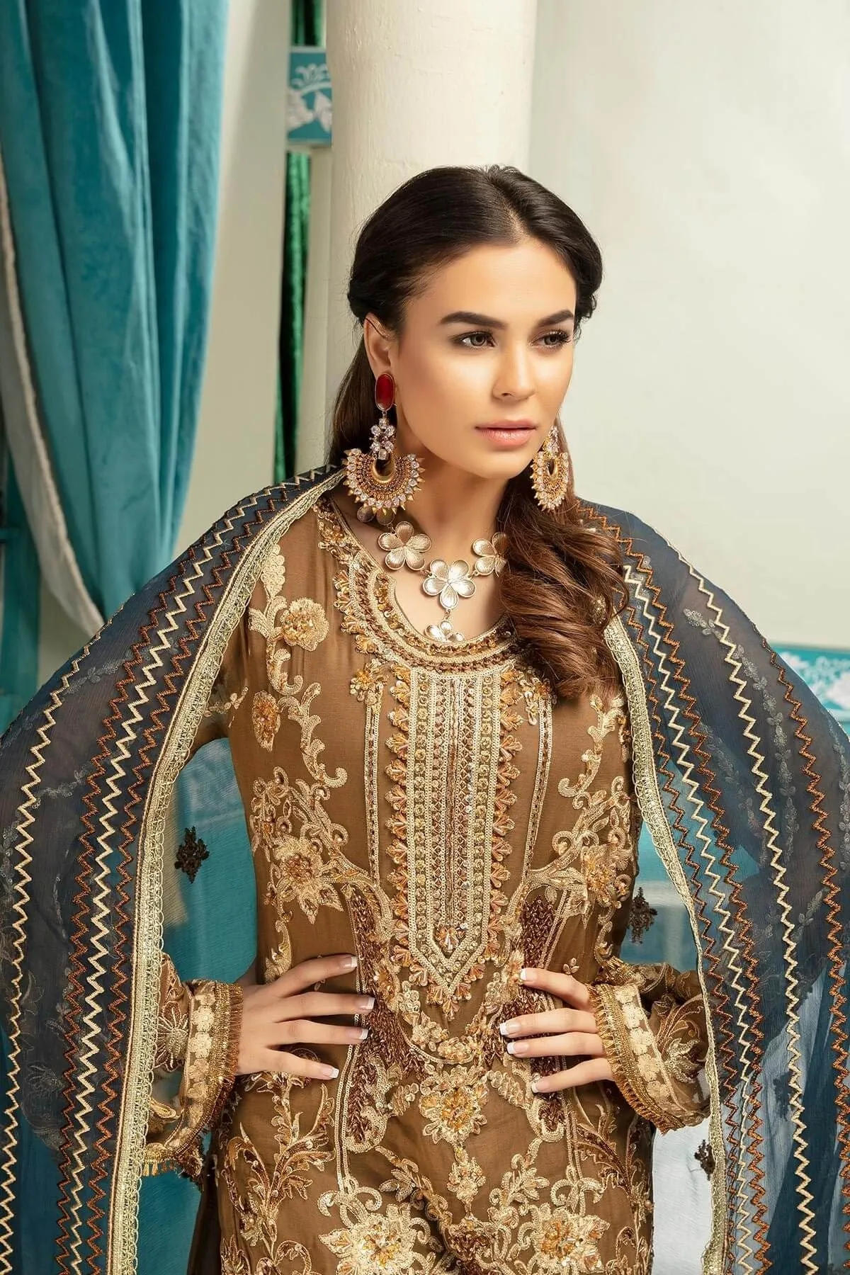 Pakistani Latest Chocolate Brown Dress In Chiffon  # CA104