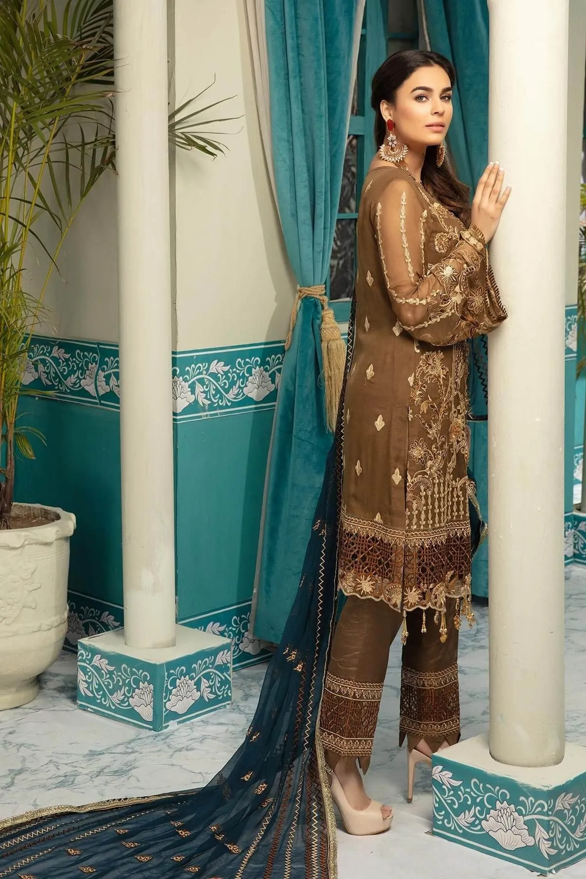 Pakistani Latest Chocolate Brown Dress In Chiffon  # CA104