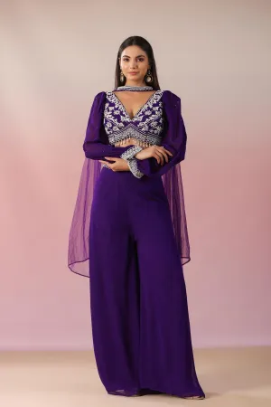 Purple Embellished Crystal Georgette Silk Crop Top Palazzo & Dupatta Set