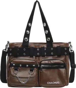Rivet Crossbody Tote Bags for Women Black Punk Faux Leather Hobo Rivet Bag