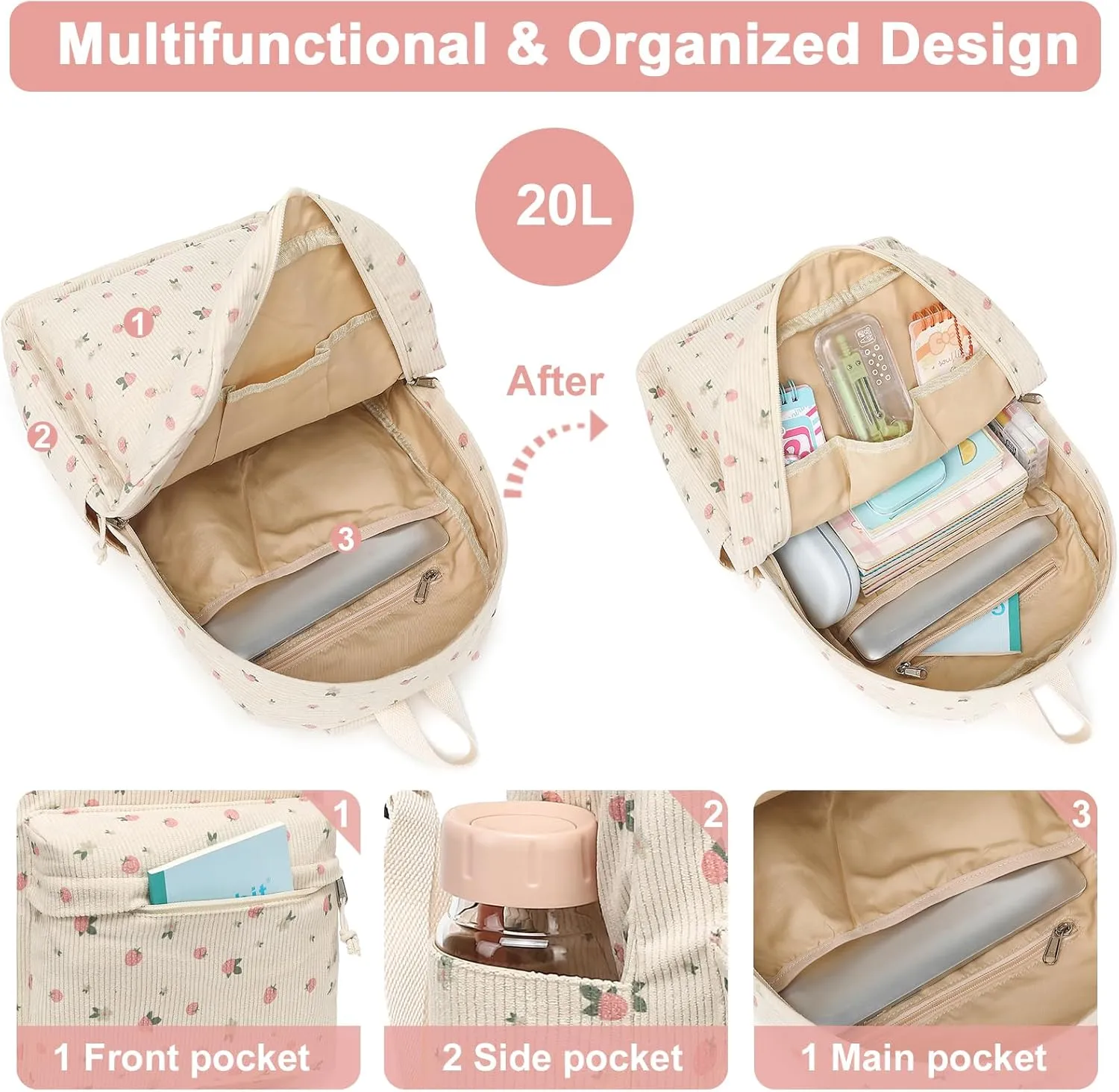 School Backpack for Teens Large Corduroy Bookbag Lightweight Girls Boys Casual High School College 17 inch Laptop Travel Bag