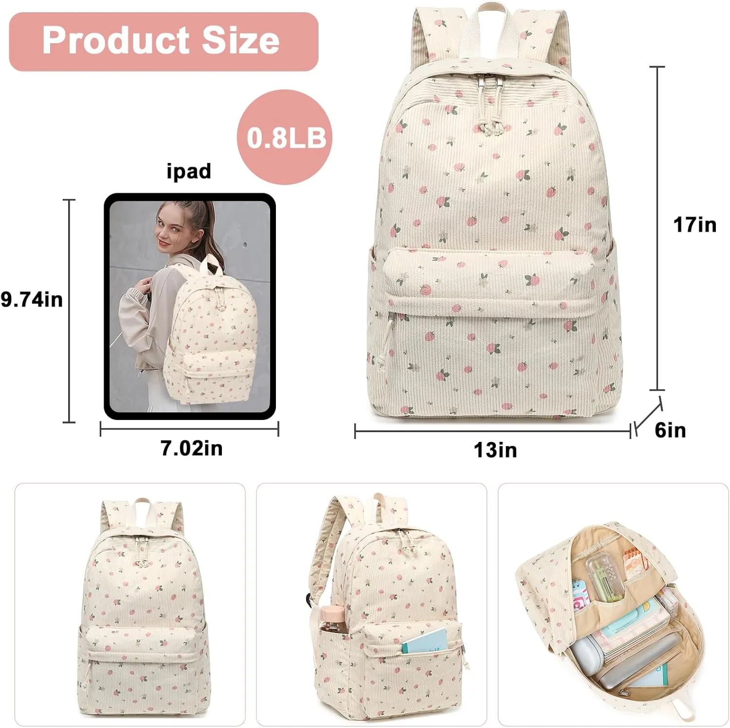 School Backpack for Teens Large Corduroy Bookbag Lightweight Girls Boys Casual High School College 17 inch Laptop Travel Bag