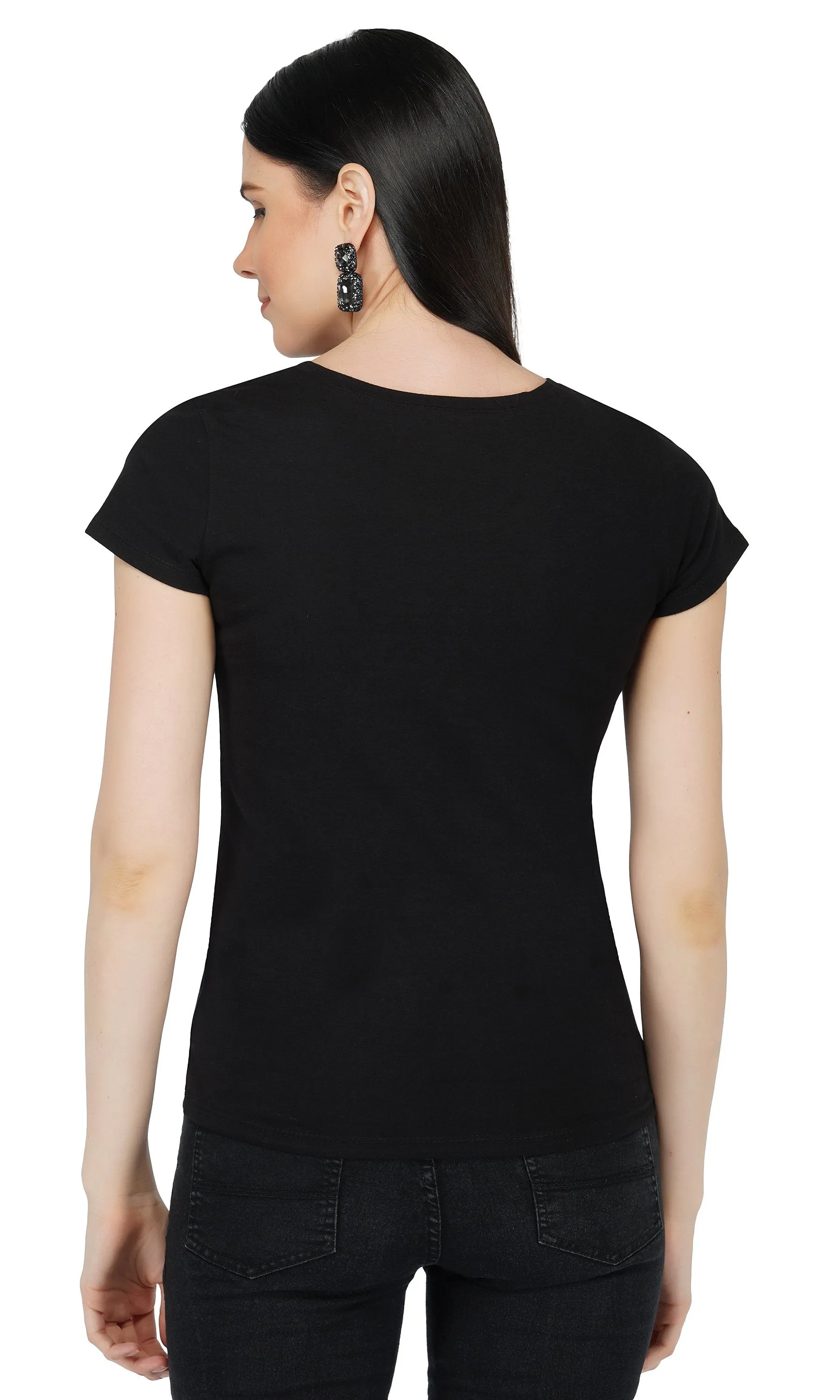 SLAY. Women's Golden Crystal Embellished SlimFit Black T-shirt
