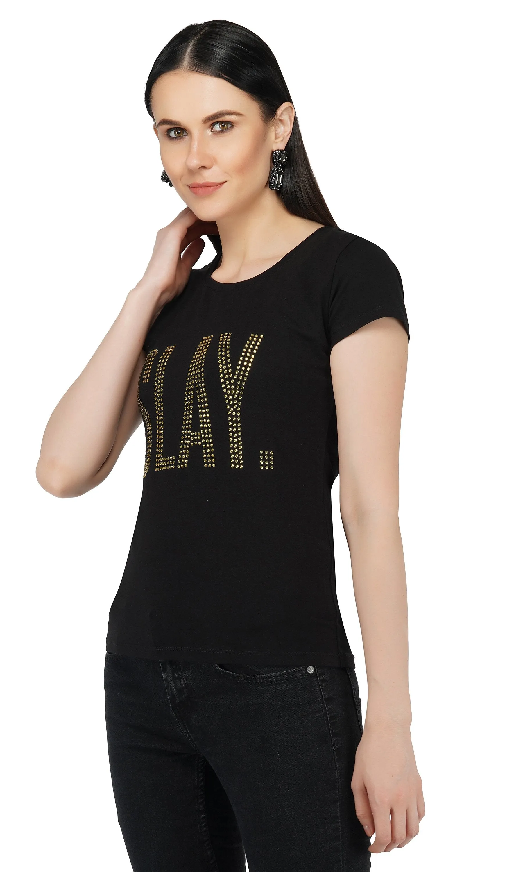 SLAY. Women's Golden Crystal Embellished SlimFit Black T-shirt