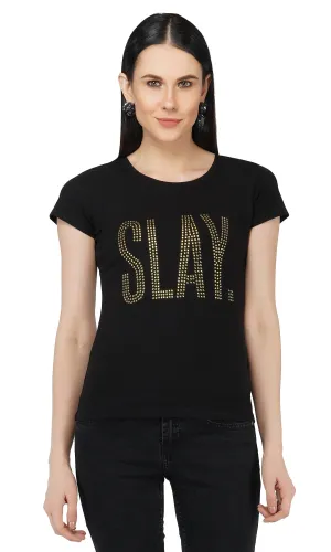 SLAY. Women's Golden Crystal Embellished SlimFit Black T-shirt