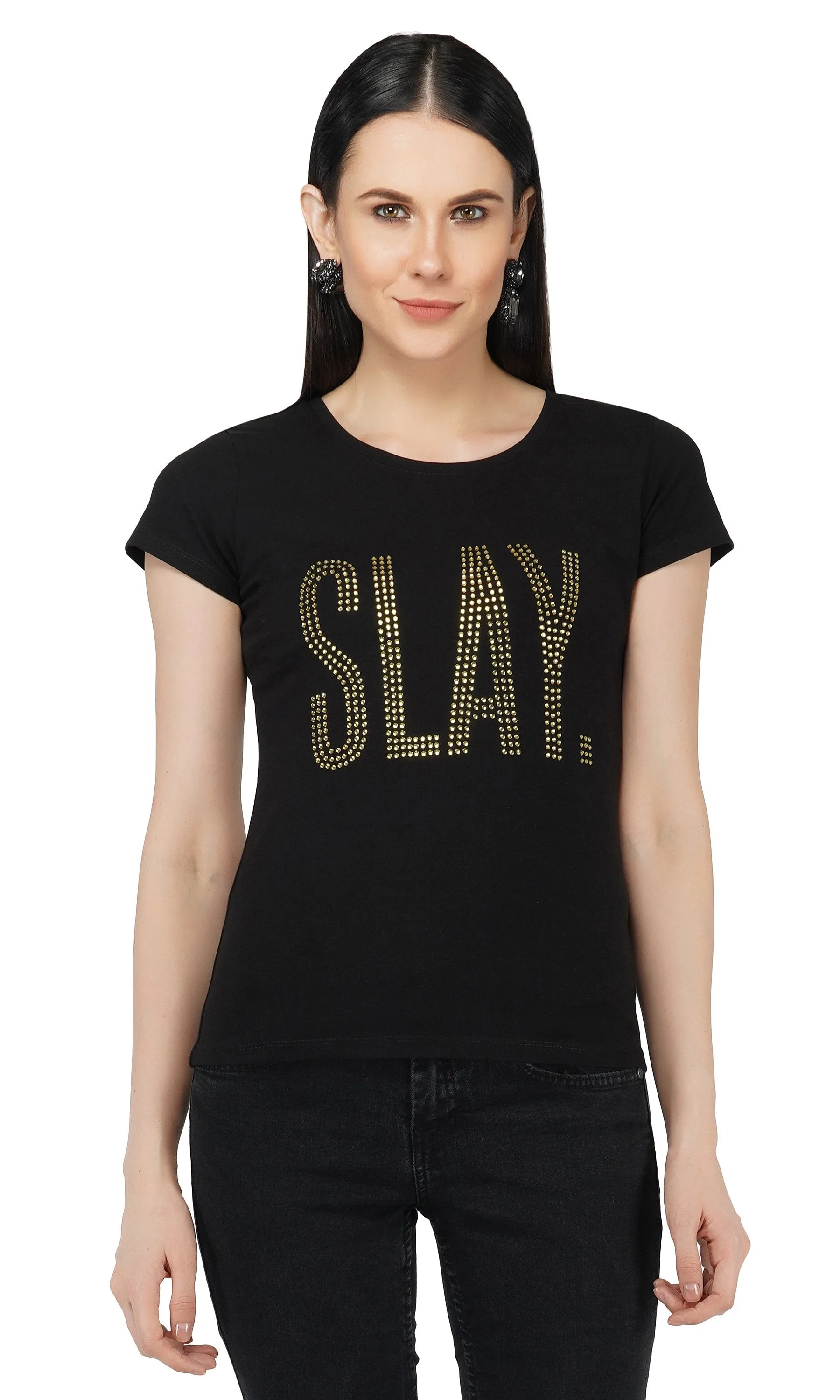 SLAY. Women's Golden Crystal Embellished SlimFit Black T-shirt