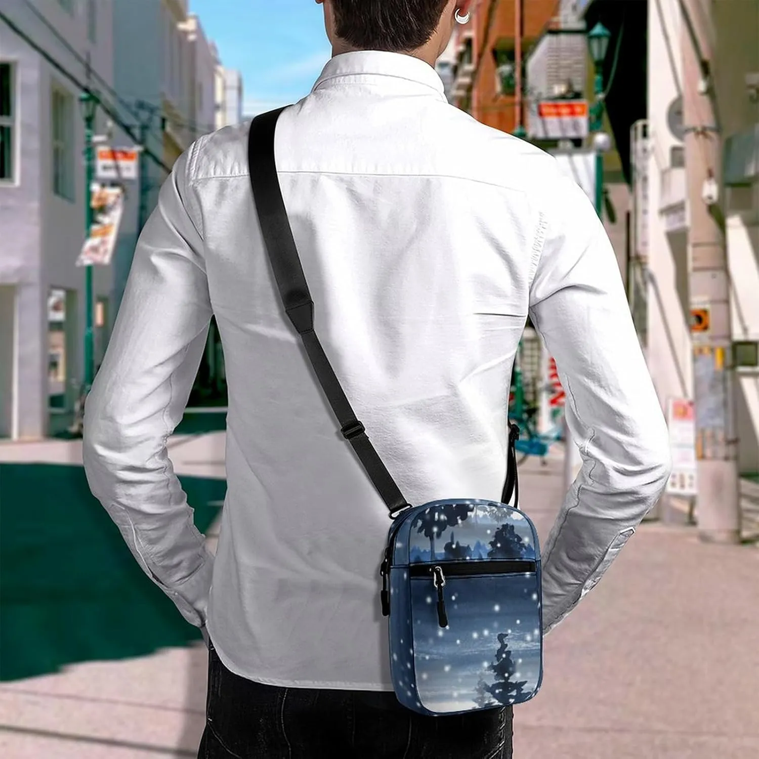 Snowy Winter Forest Blue Watercolor Adjustable Fanny Waist Pack Pouch, Waterproof Crossbody Runners Bag Wallet for Gym Hiking Fitness Women Men 6.1 x 2.2 x 7.9 inch