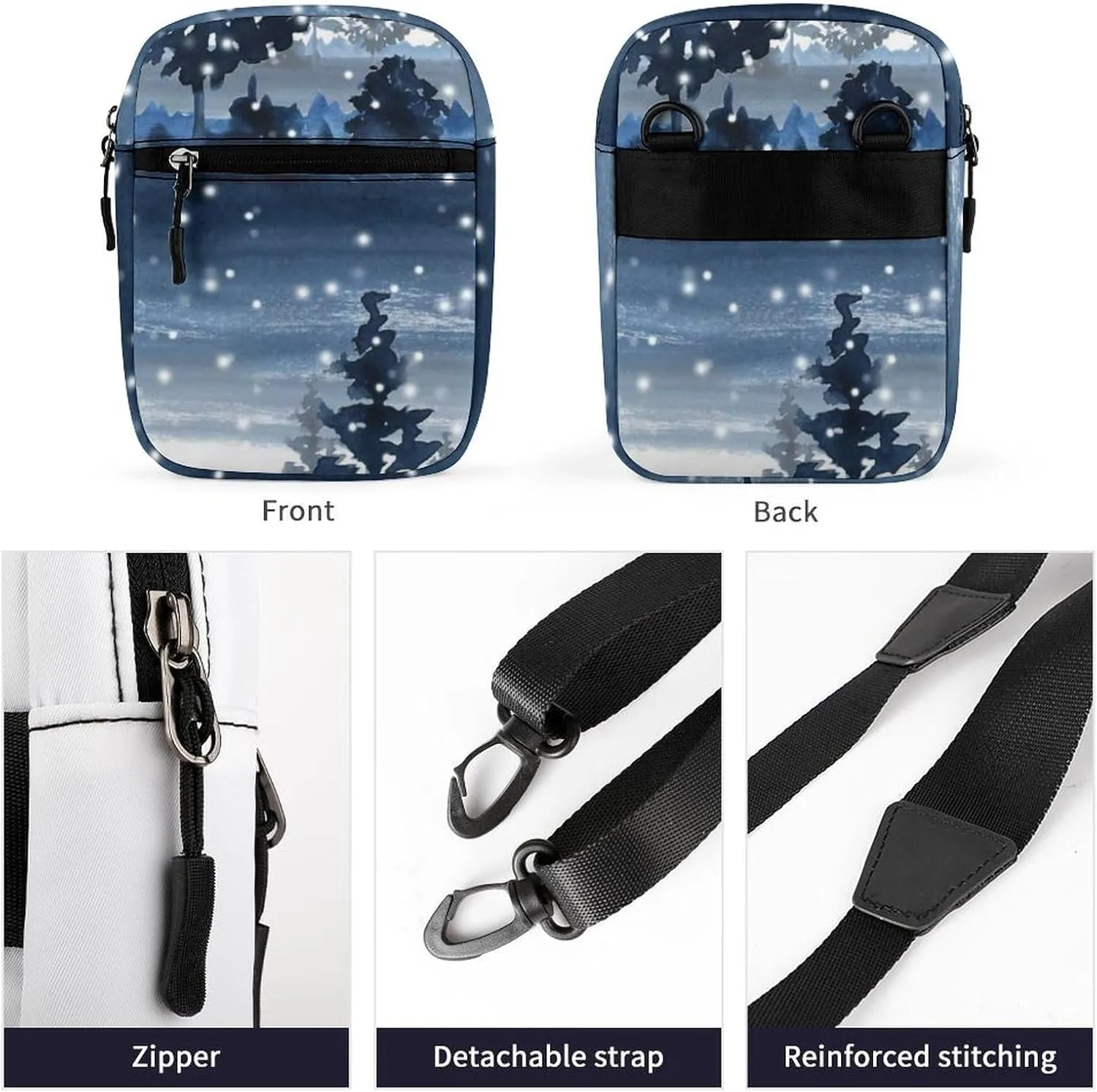 Snowy Winter Forest Blue Watercolor Adjustable Fanny Waist Pack Pouch, Waterproof Crossbody Runners Bag Wallet for Gym Hiking Fitness Women Men 6.1 x 2.2 x 7.9 inch
