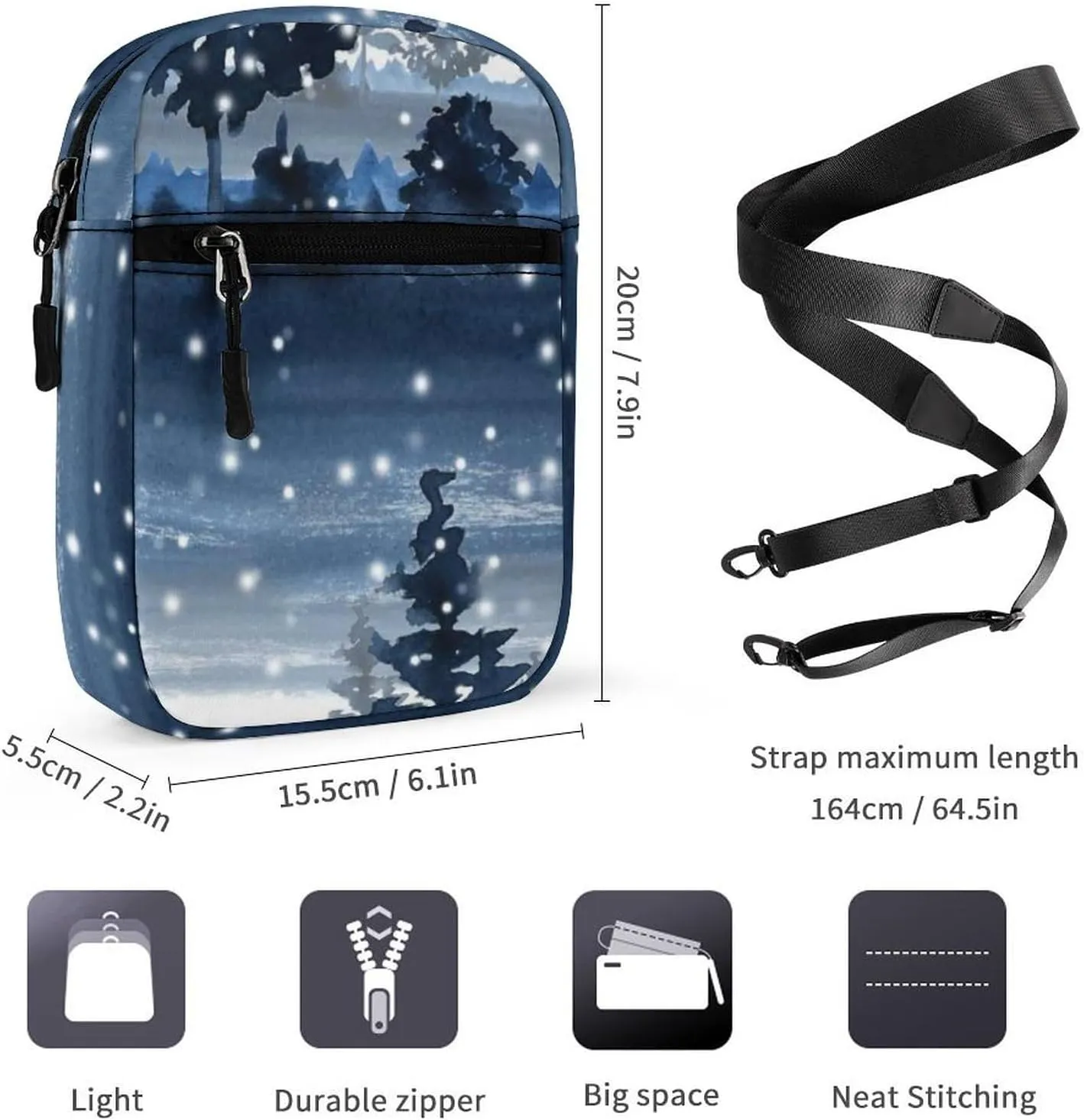 Snowy Winter Forest Blue Watercolor Adjustable Fanny Waist Pack Pouch, Waterproof Crossbody Runners Bag Wallet for Gym Hiking Fitness Women Men 6.1 x 2.2 x 7.9 inch