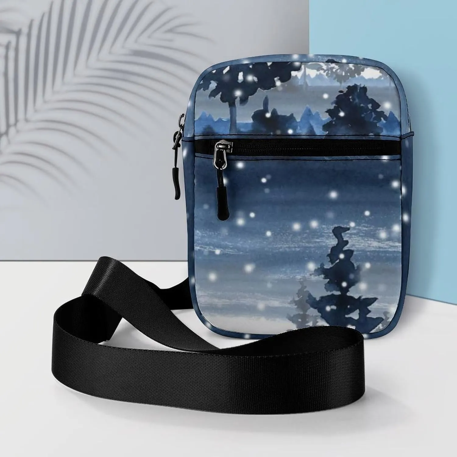 Snowy Winter Forest Blue Watercolor Adjustable Fanny Waist Pack Pouch, Waterproof Crossbody Runners Bag Wallet for Gym Hiking Fitness Women Men 6.1 x 2.2 x 7.9 inch