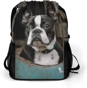 Sports Drawstring Backpack Lightweight Small Gym Bag Boston Terrier Gym Sackpack for Women Men