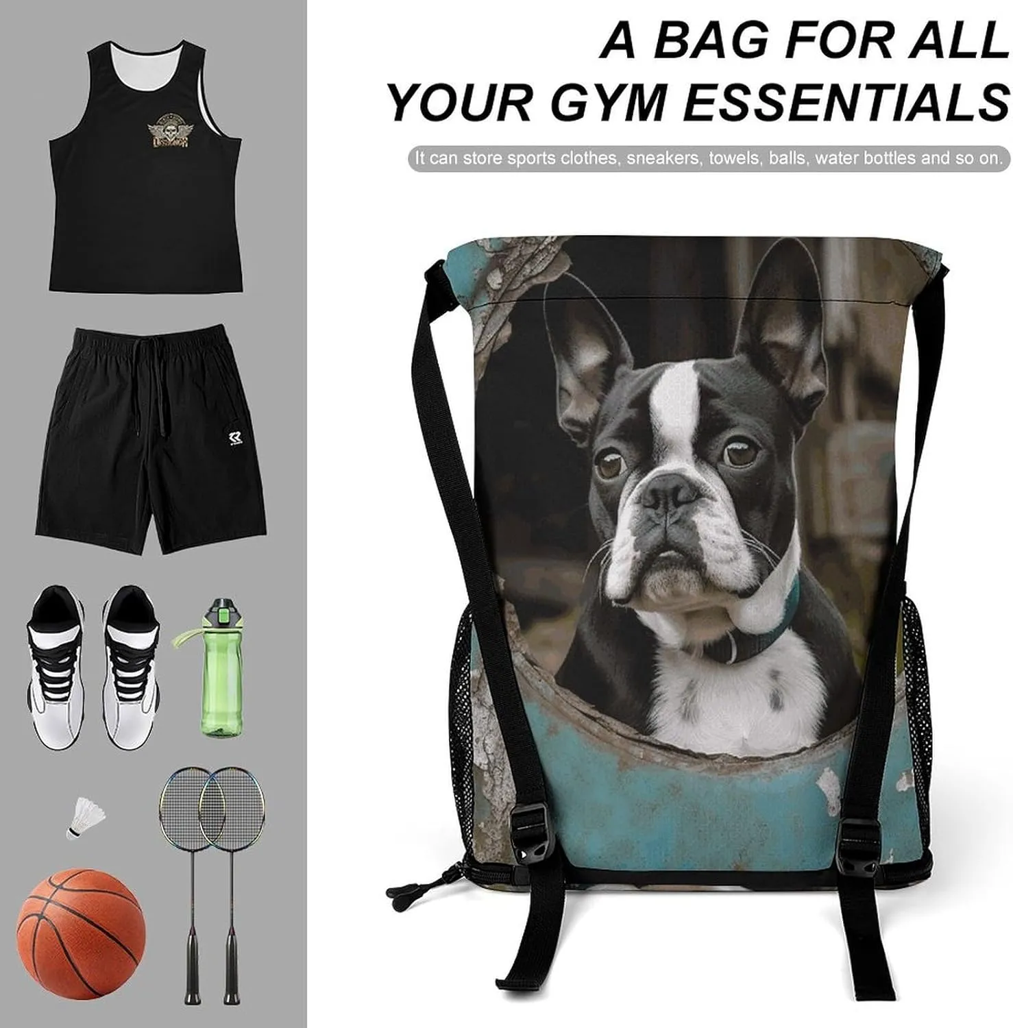 Sports Drawstring Backpack Lightweight Small Gym Bag Boston Terrier Gym Sackpack for Women Men