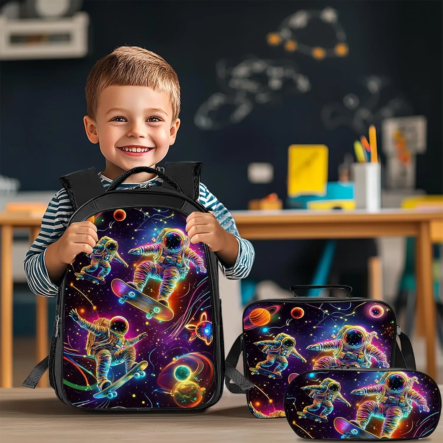 Tijuboni Kids Backpack for School Boys and Girls - 3pcs, Astronaut Spaceman School Backpack with Lunch Box and Pencil Case for Children Teens Bookbag 16 Inch Large Capacity