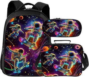 Tijuboni Kids Backpack for School Boys and Girls - 3pcs, Astronaut Spaceman School Backpack with Lunch Box and Pencil Case for Children Teens Bookbag 16 Inch Large Capacity