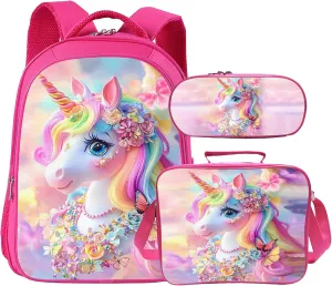 Tijuboni Kids Backpack for School Boys and Girls - 3pcs, Unicorn School Backpack with Lunch Box and Pencil Case for Children Teens Bookbag 16 Inch Large Capacity